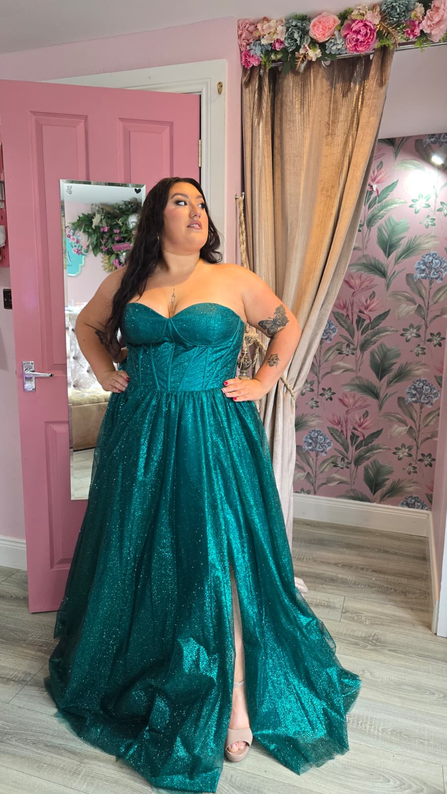 Alyssa Green Sparkle Material Strapless Leg Split Ballgown Formal Prom Dress Ball Gown