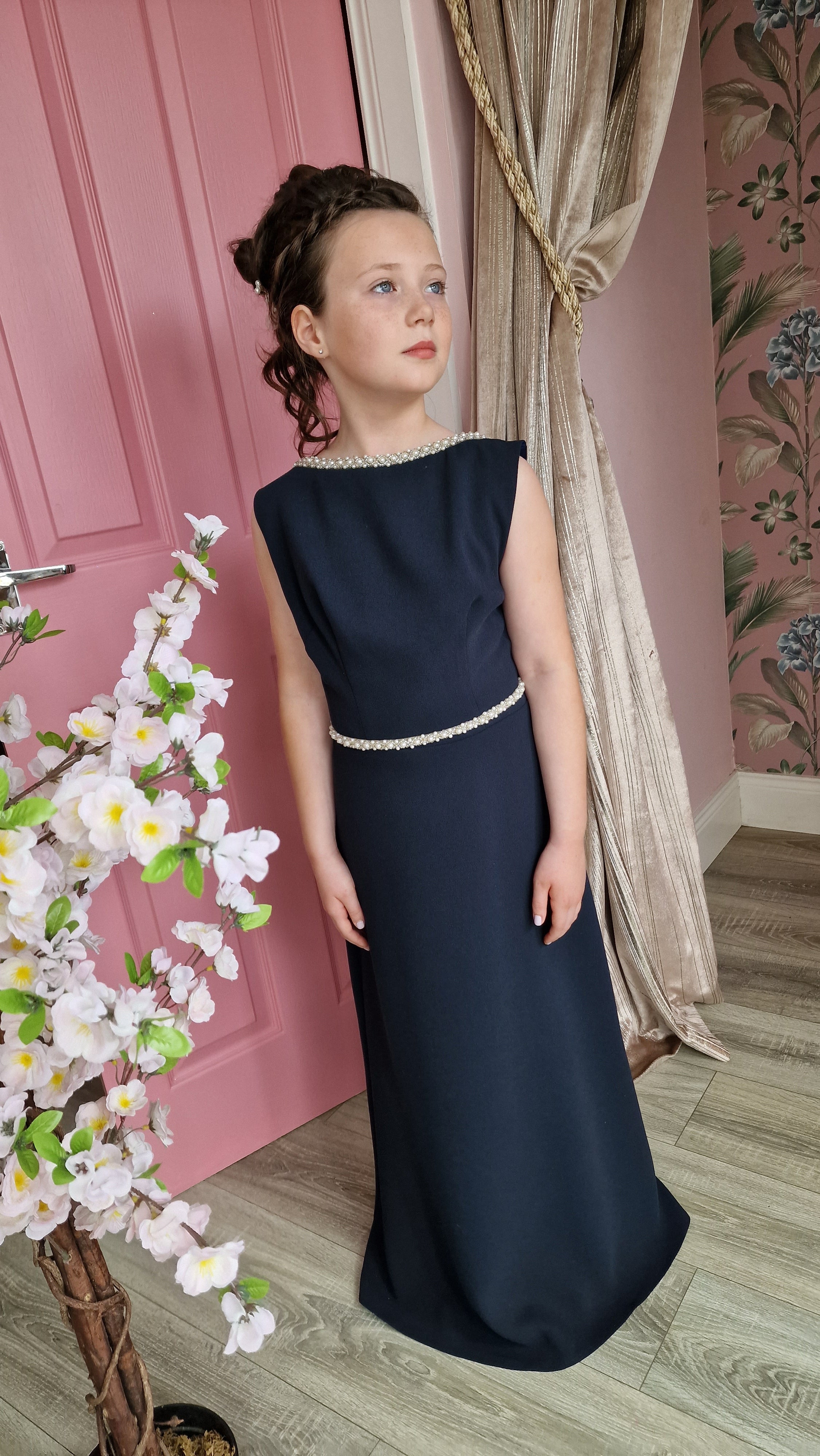 Zara Flower Girl Dress Navy With Beaded Waist