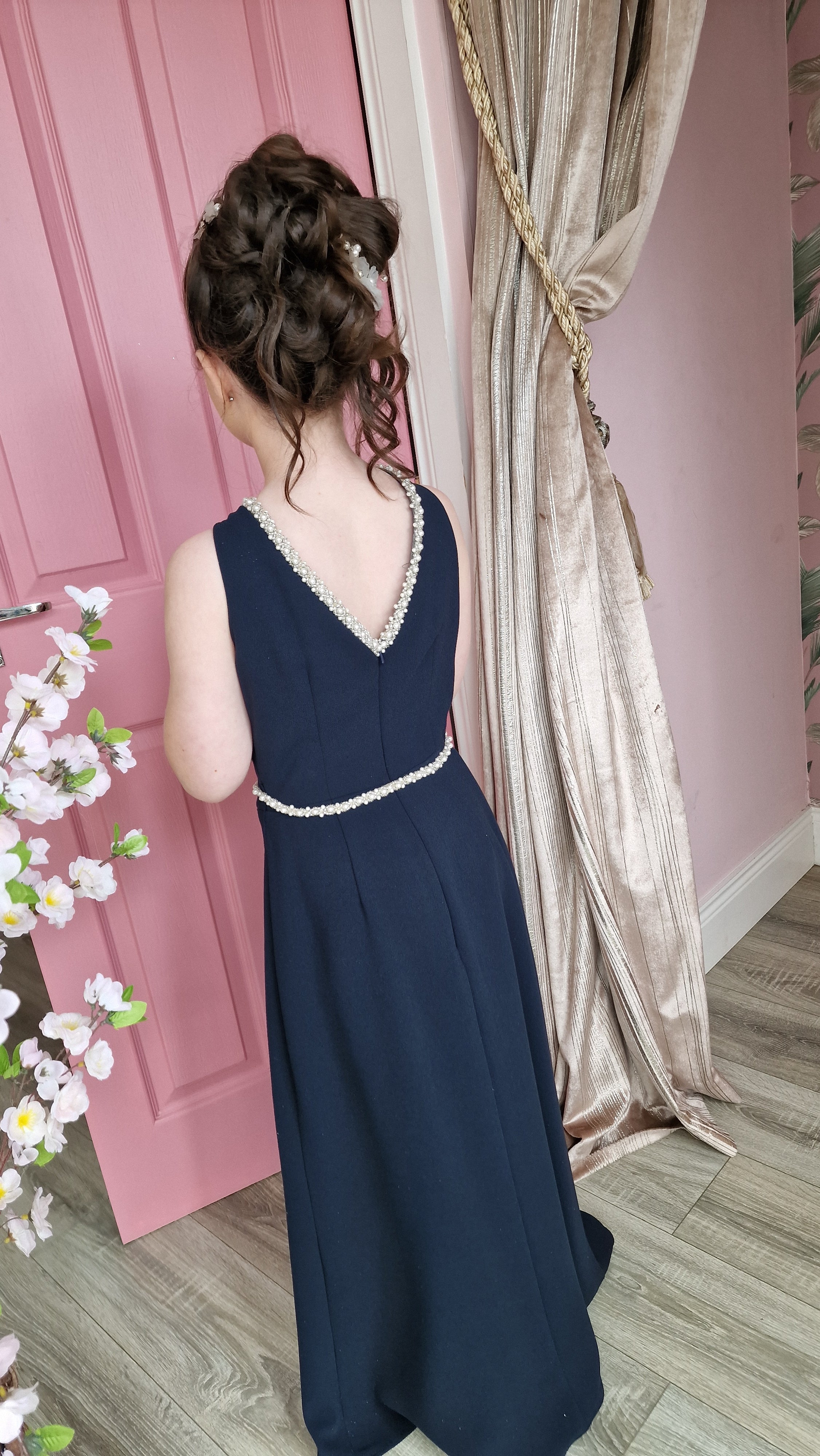 Zara Flower Girl Dress Navy With Beaded Waist