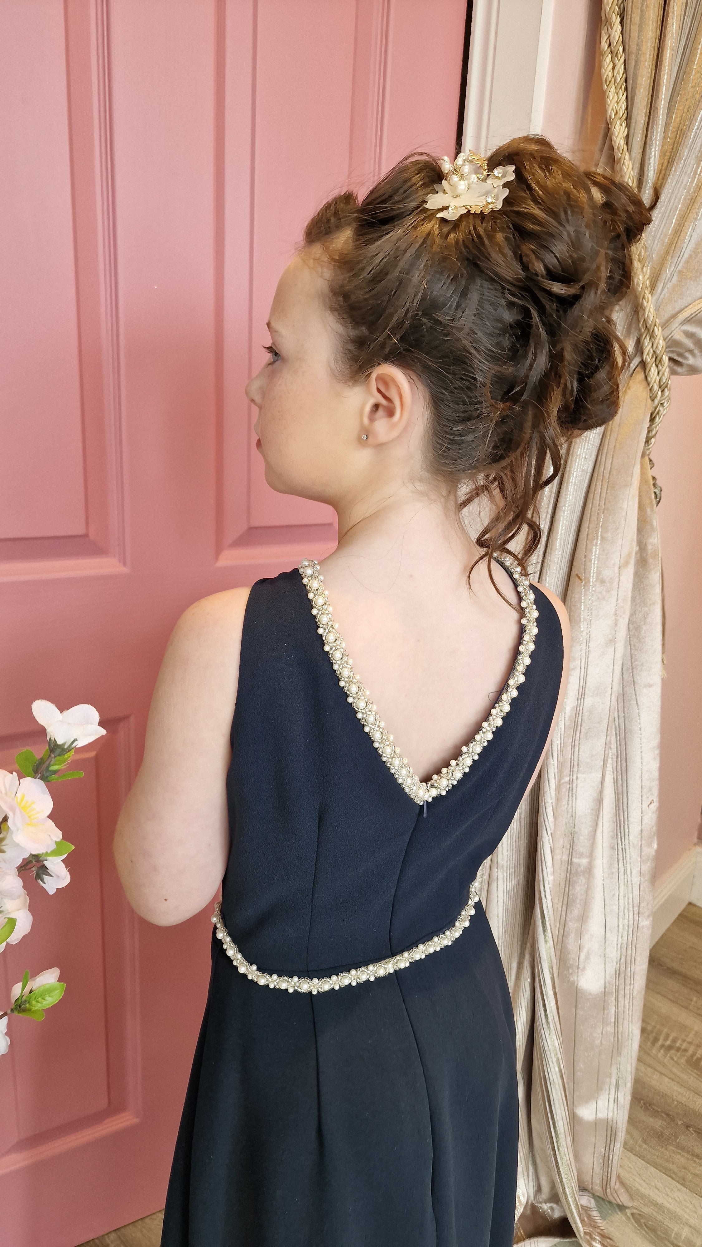 Zara Flower Girl Dress Navy With Beaded Waist