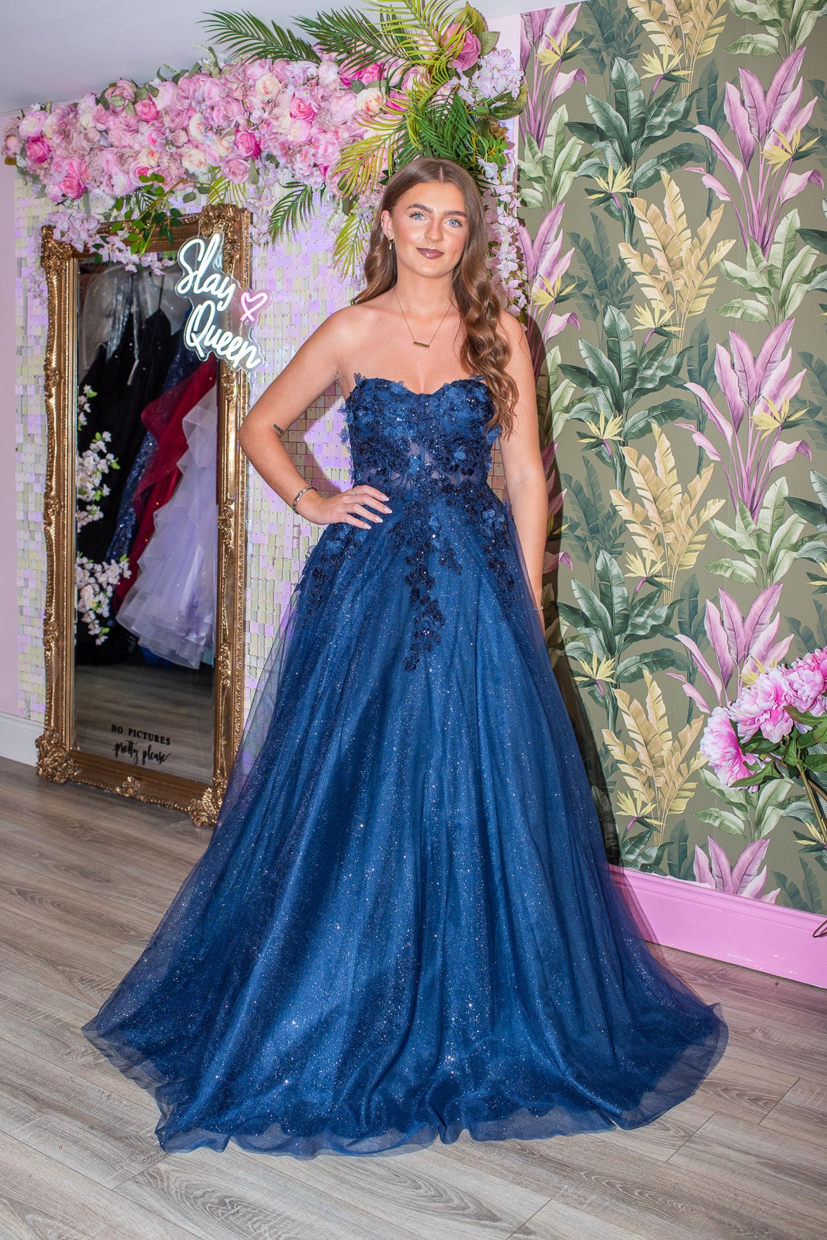 Ellen Navy Strapless Flower Detail Ball Gown Formal Prom Dress
