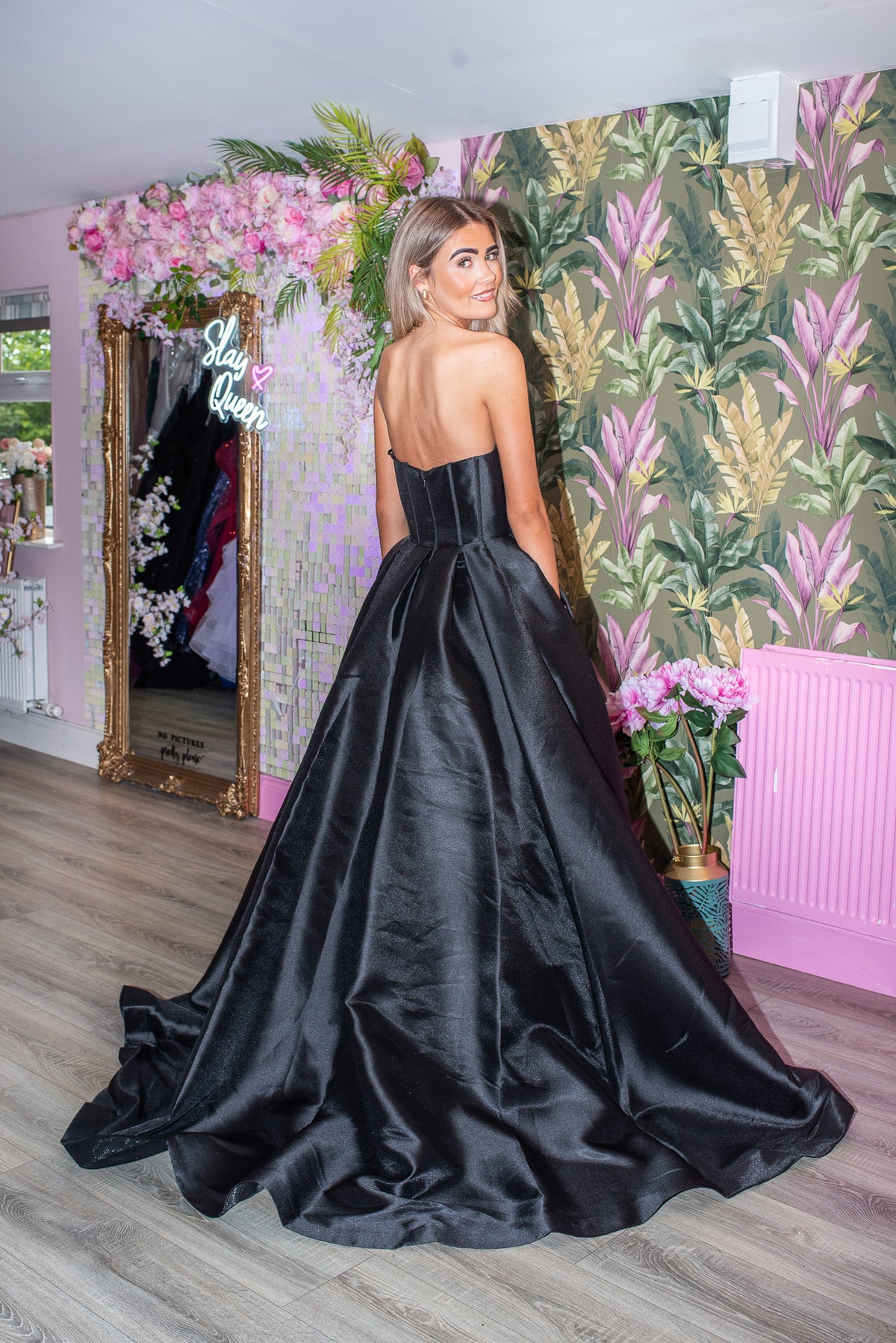 Immie Black Satin Strapless Sheer Corset Style Bodice Formal Prom Dress