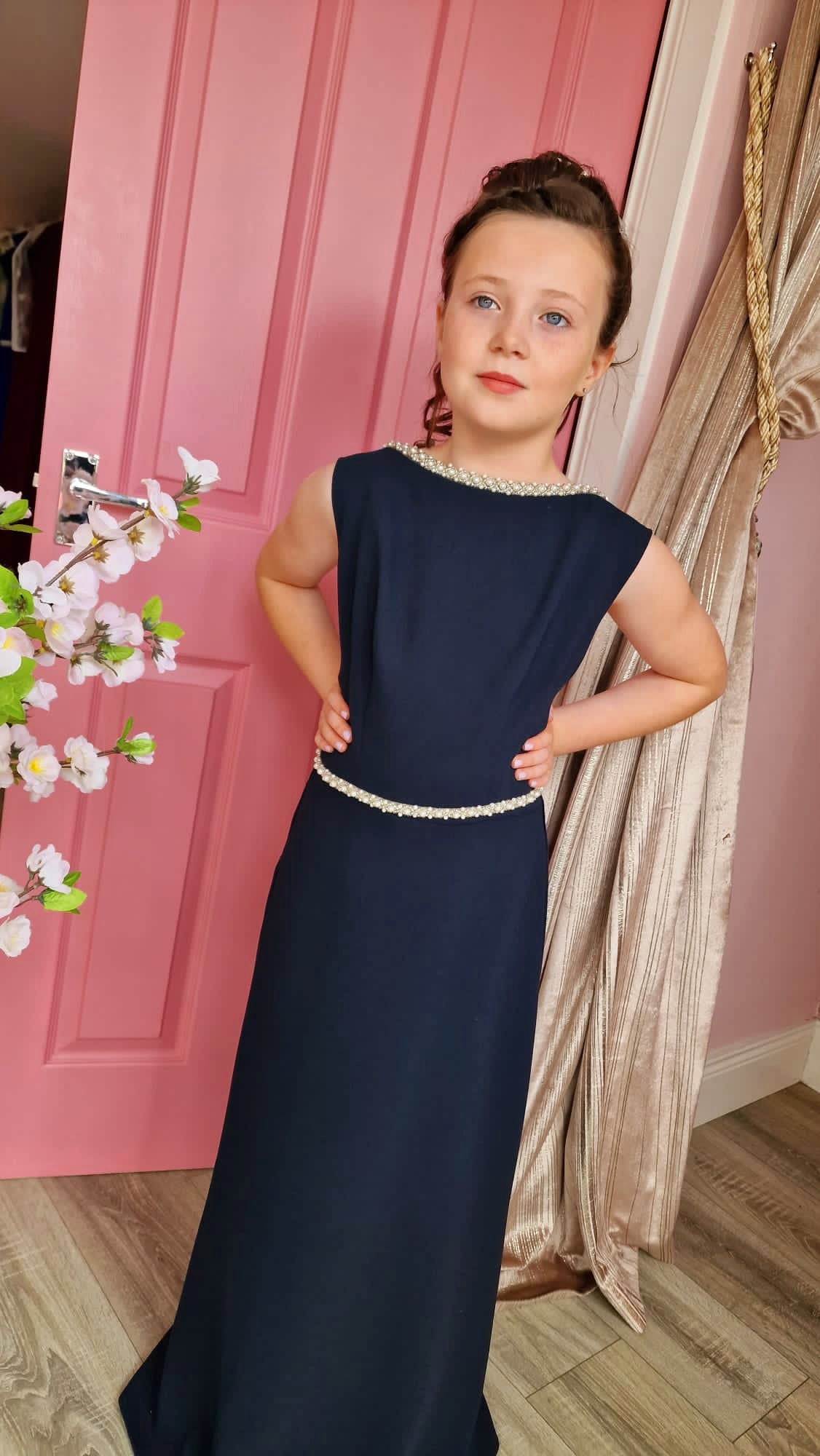 Zara Flower Girl Dress Navy With Beaded Waist