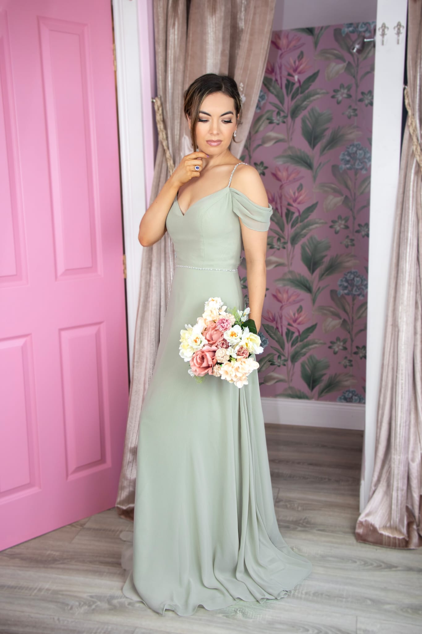 Lucia Sage Green Off The Shoulder And Skinny Straps Cowl Back Bridesmaids Dress