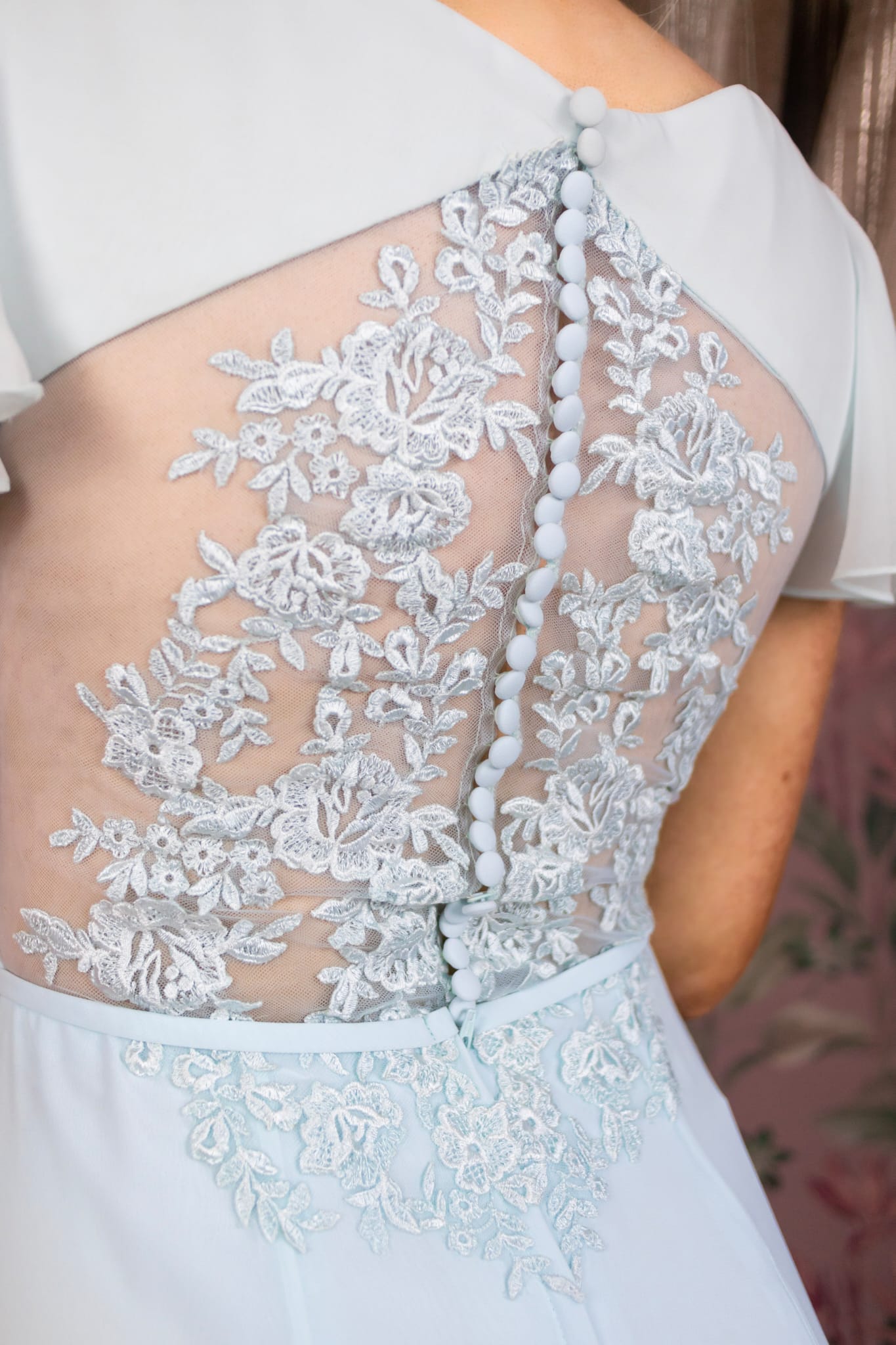Athena Powder Blue Chiffon Laced Button Up Detail Back Bridesmaids Dress