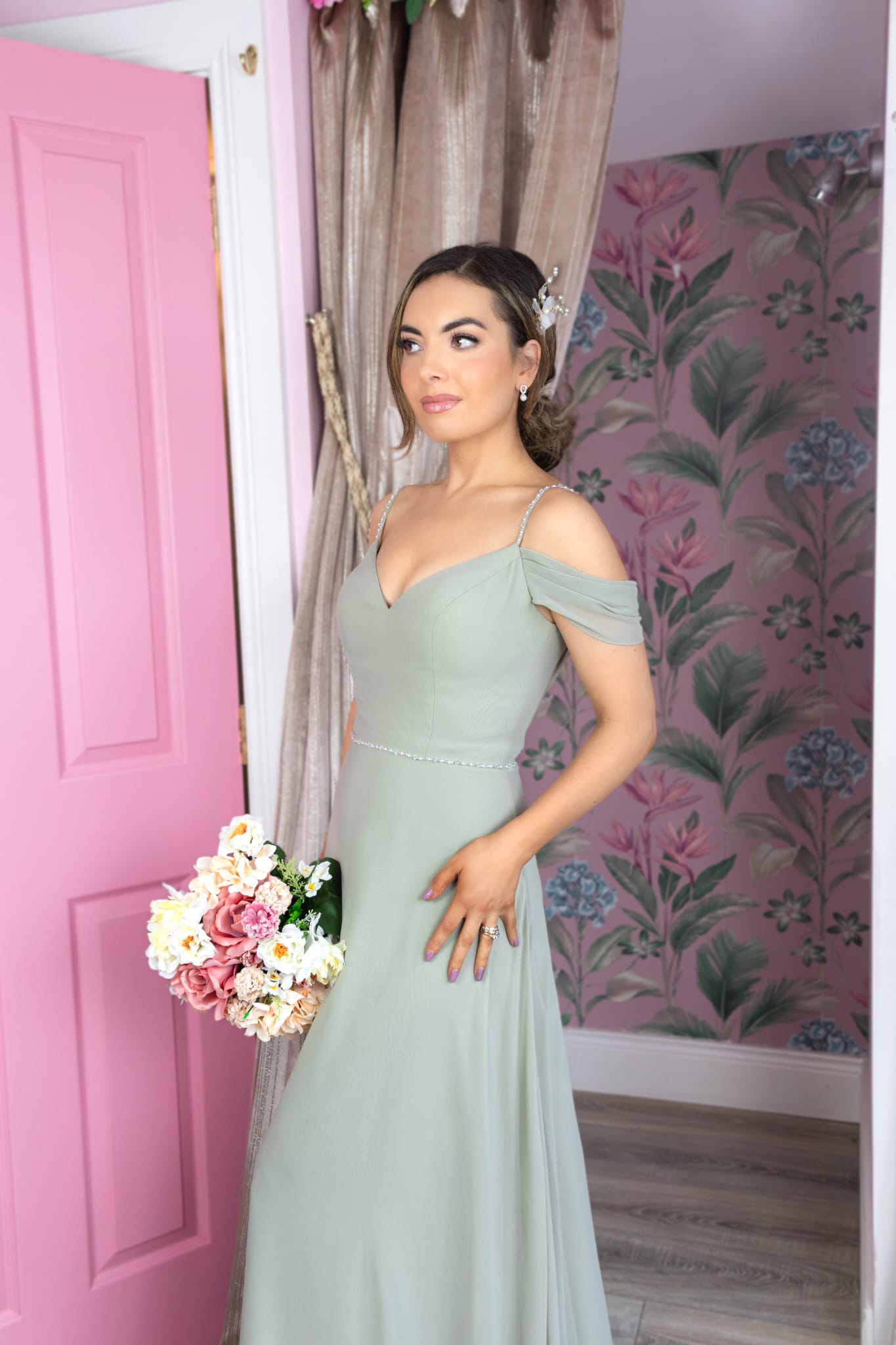 Lucia Sage Green Off The Shoulder And Skinny Straps Cowl Back Bridesmaids Dress