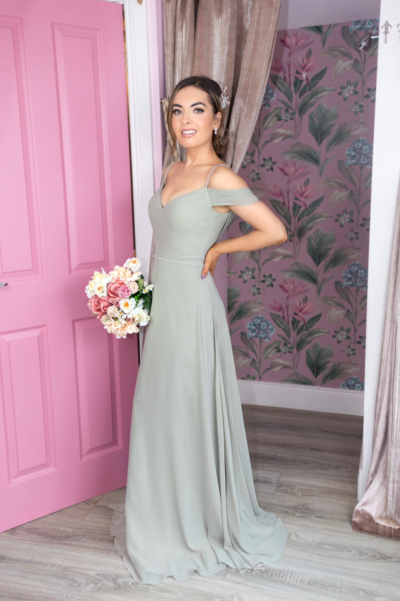 Lucia Sage Green Off The Shoulder And Skinny Straps Cowl Back Bridesmaids Dress