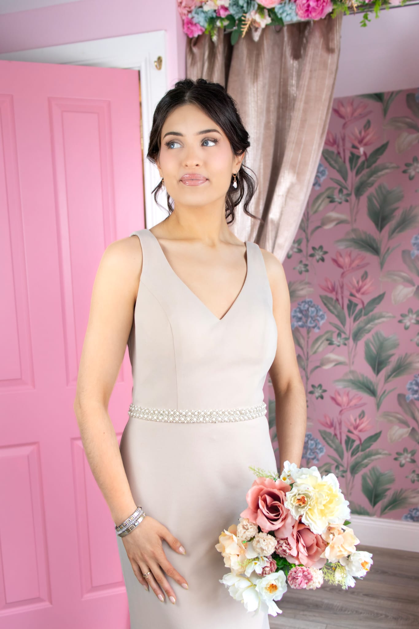 Leah Champagne Low Back With Belt Bridesmaid Dress