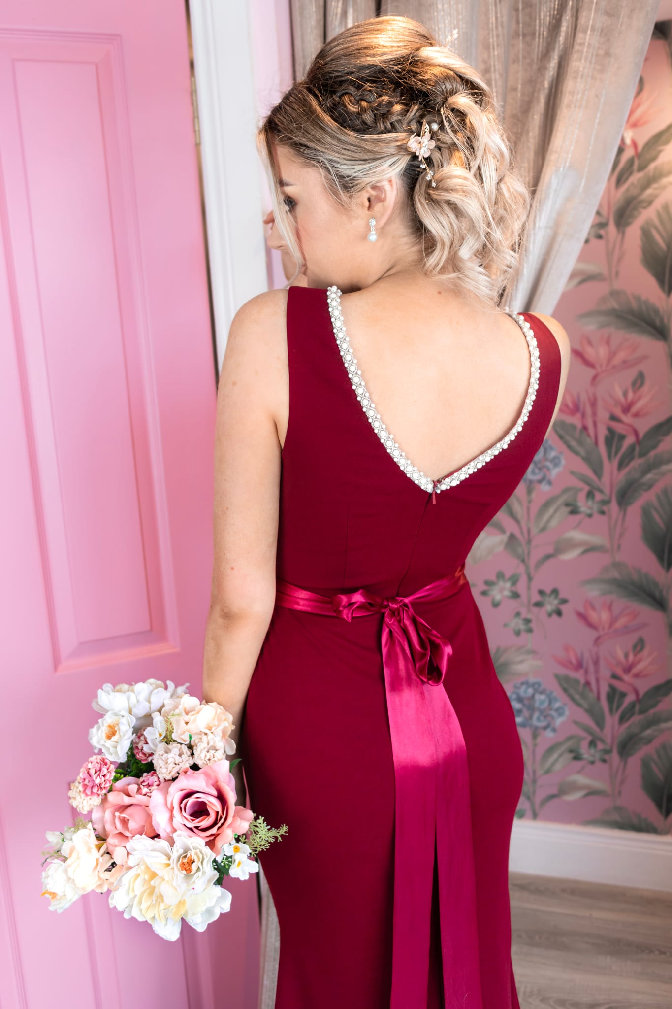 Sienna Burgundy Pearl Neck Plain & Elegant Bridesmaids Dress