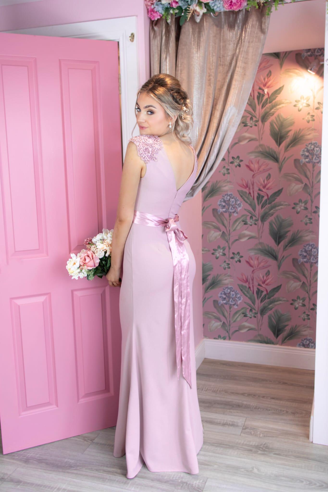 Caroline Pink Laced Deatail Shoulder Caps Bridesmaids Dress