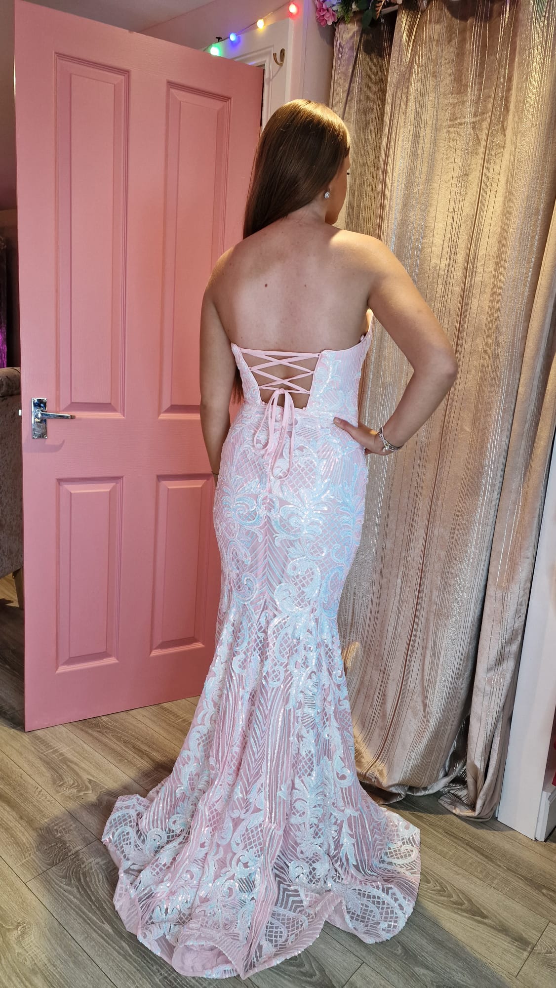 Emma Pink White Iredescent Skinny Strap Low Back Formal Prom Dress