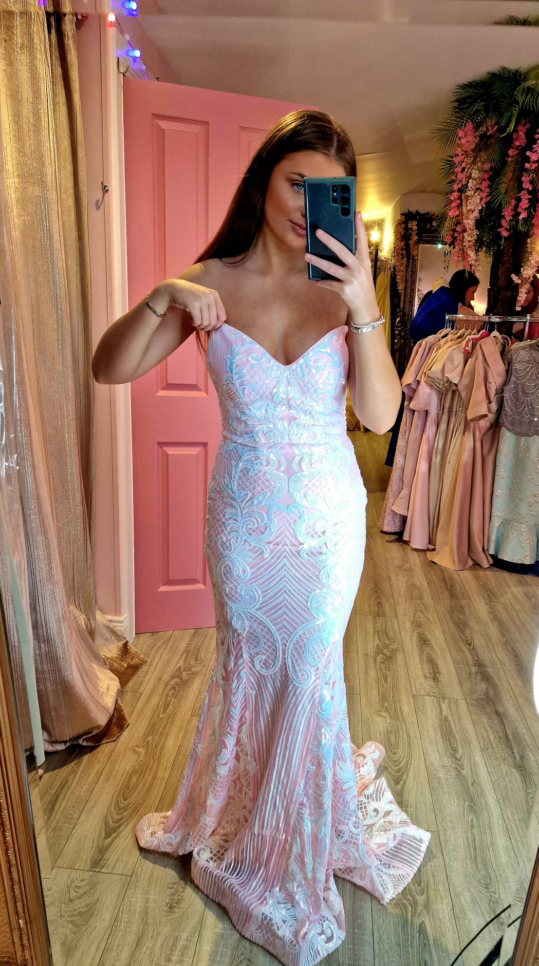 Emma Pink White Iredescent Skinny Strap Low Back Formal Prom Dress