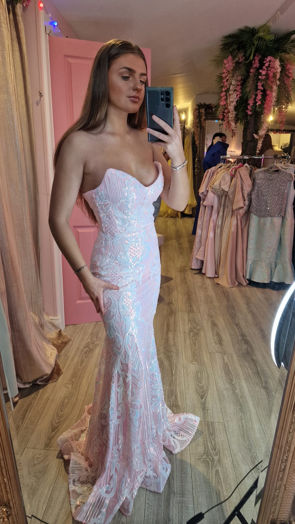 Emma Pink White Iredescent Skinny Strap Low Back Formal Prom Dress