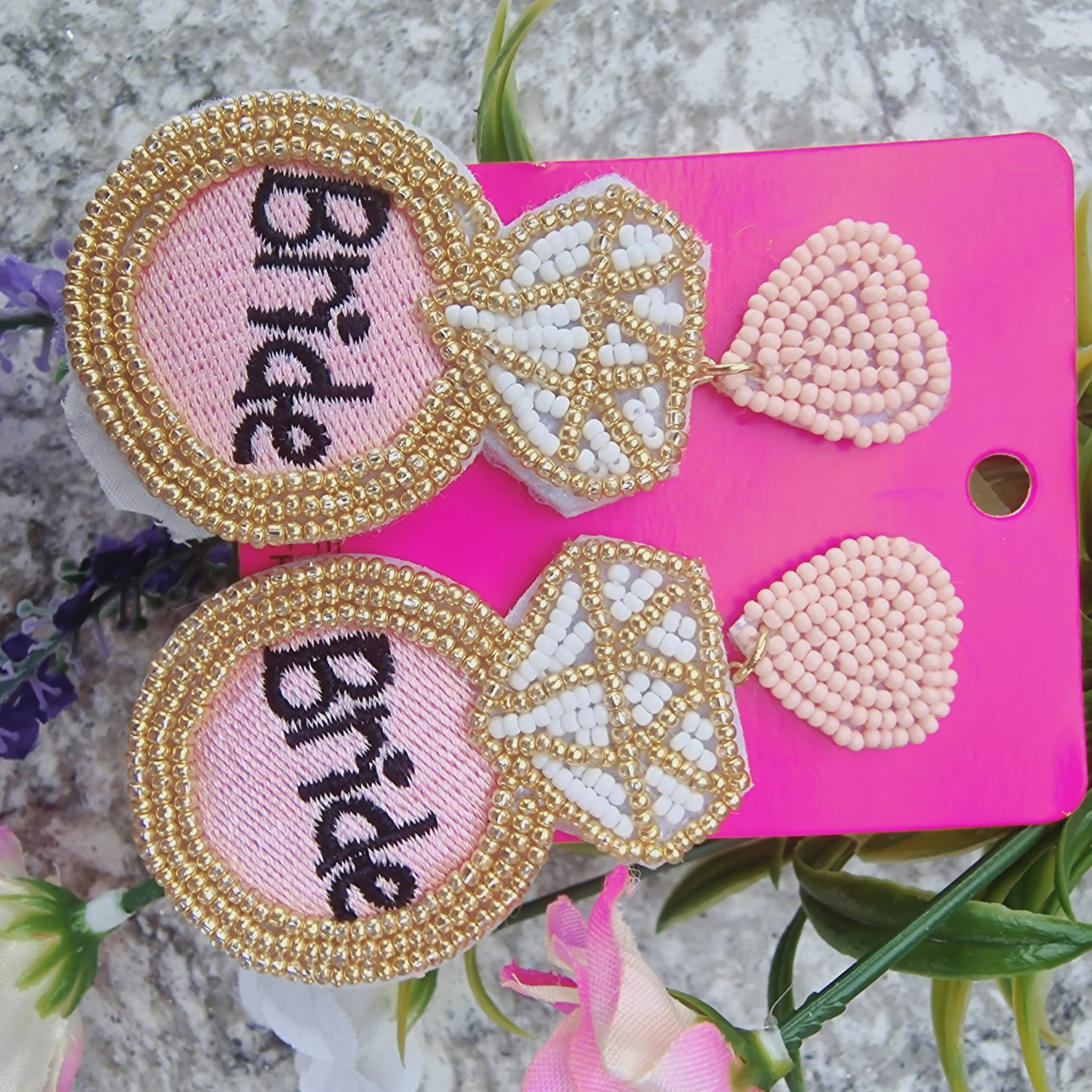 Pink And White Beaded Bride Earrings