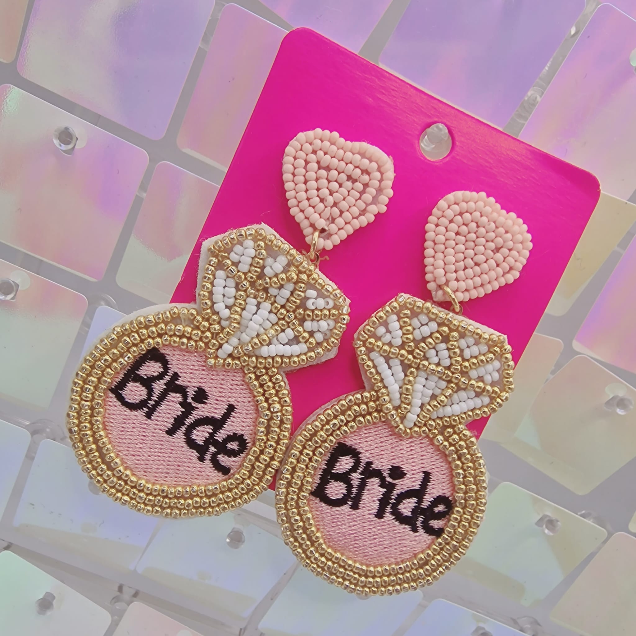 Pink And White Beaded Bride Earrings