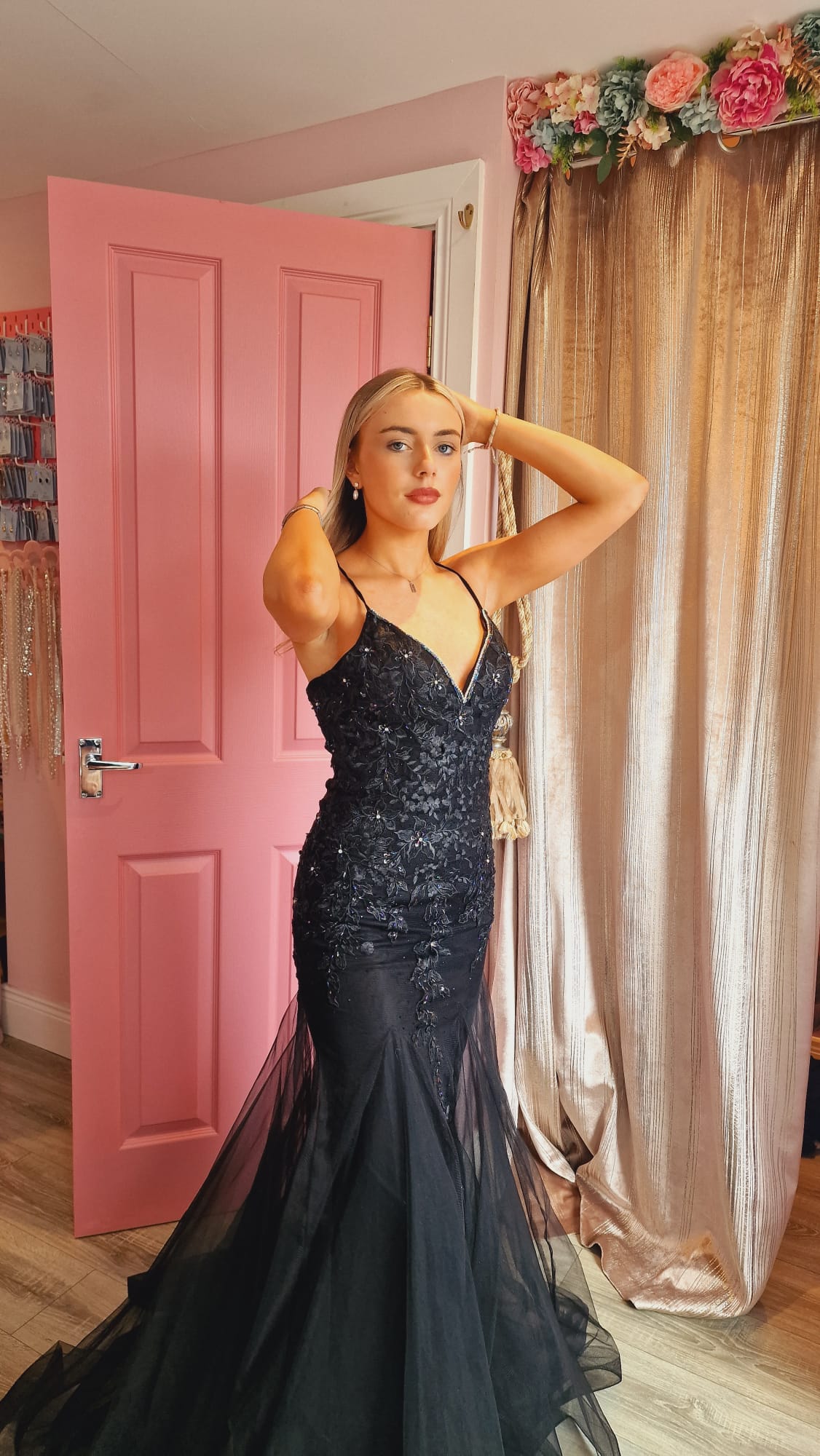 Natasha Black Embroidered Bodice With Laced Back Formal Prom Dress