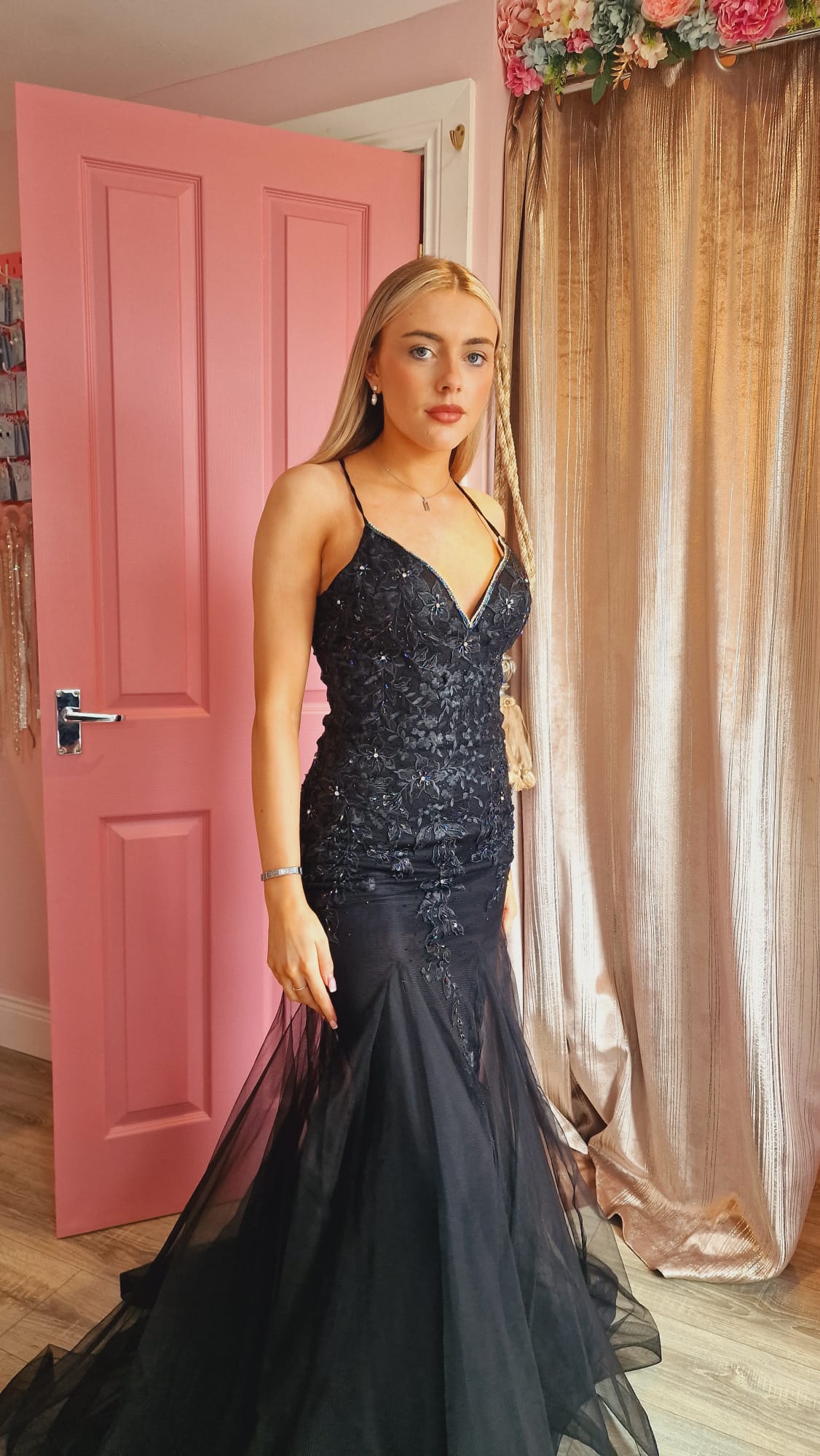 Natasha Black Embroidered Bodice With Laced Back Formal Prom Dress