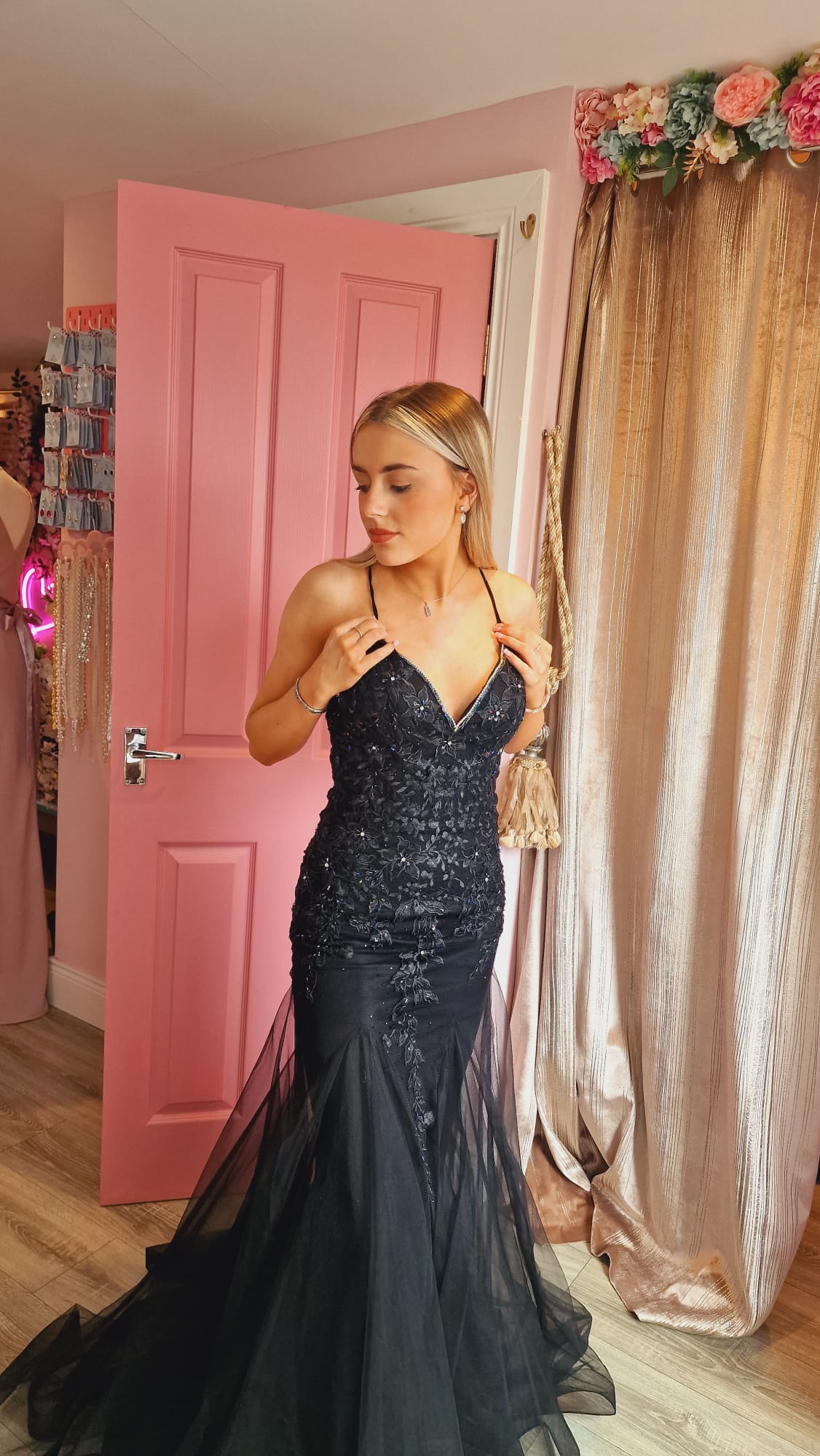 Natasha Black Embroidered Bodice With Laced Back Formal Prom Dress