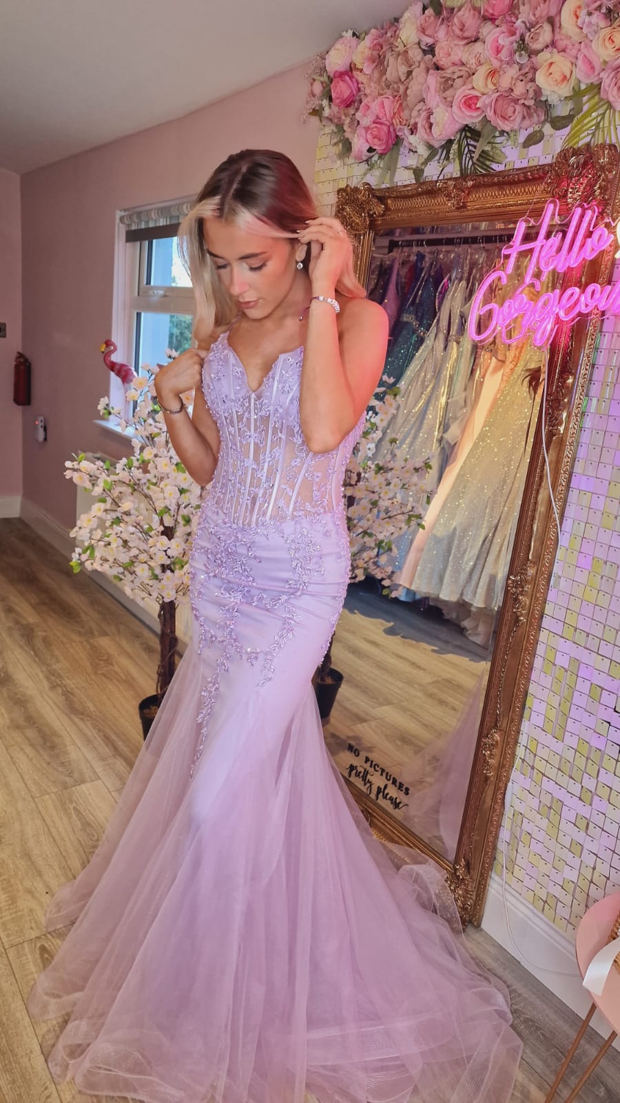 Catalina Lilac Floral Lacey Detail Fishtail Formal Prom Dress