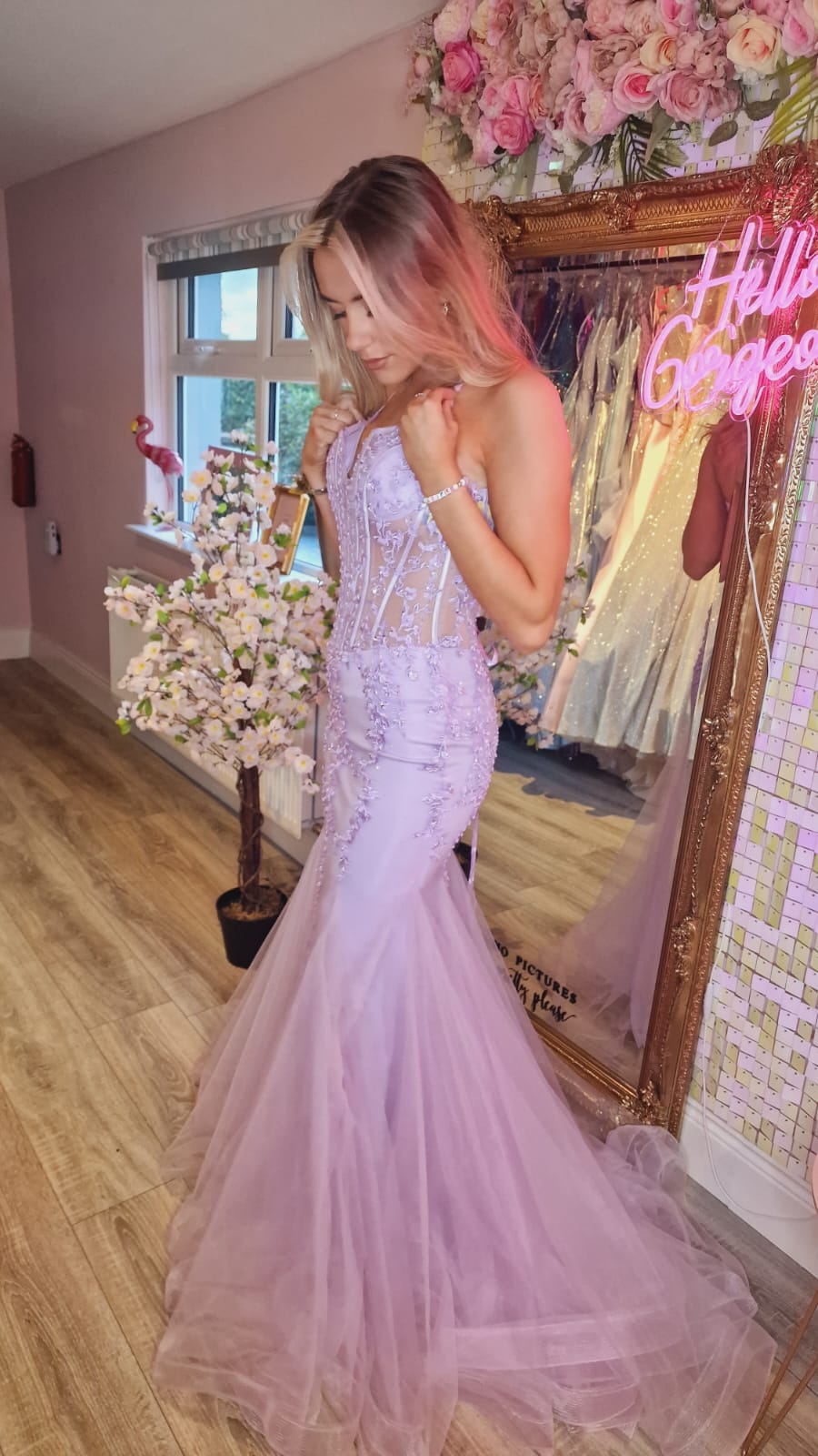 Catalina Lilac Floral Lacey Detail Fishtail Formal Prom Dress