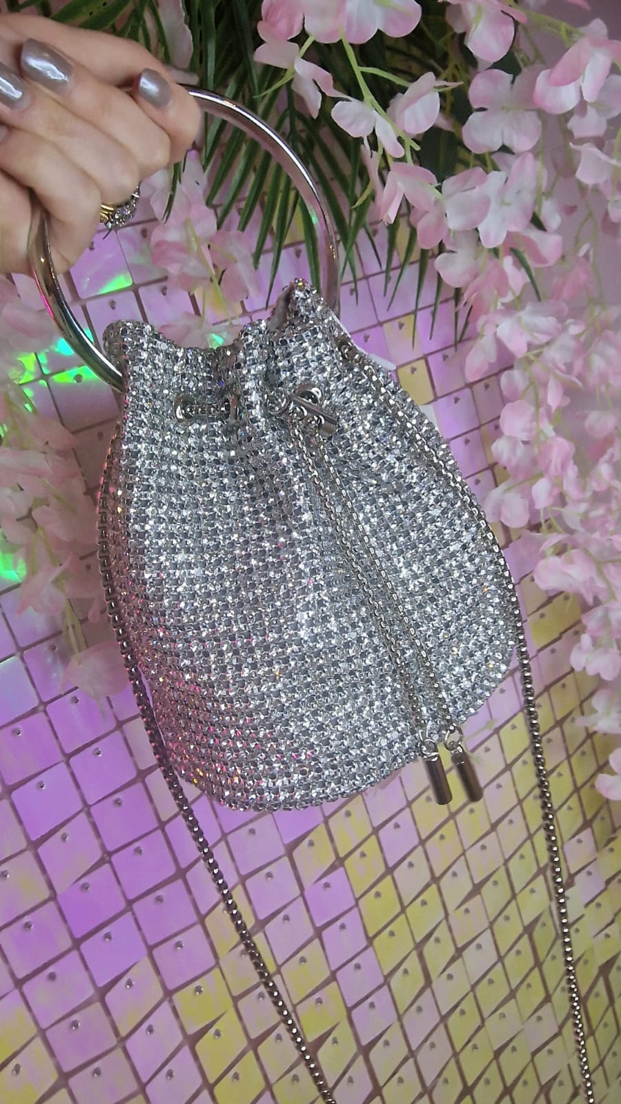 Silver Diamante Mini Bucket Bag