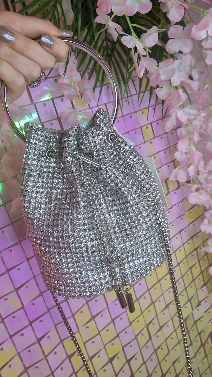Silver Diamante Mini Bucket Bag