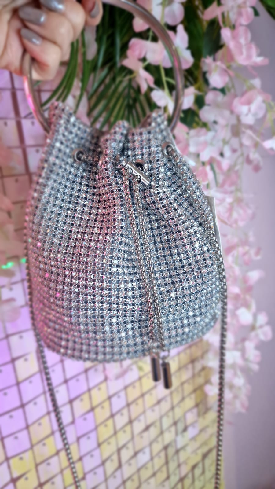 Esme Silver Diamante Mini Bucket Bag