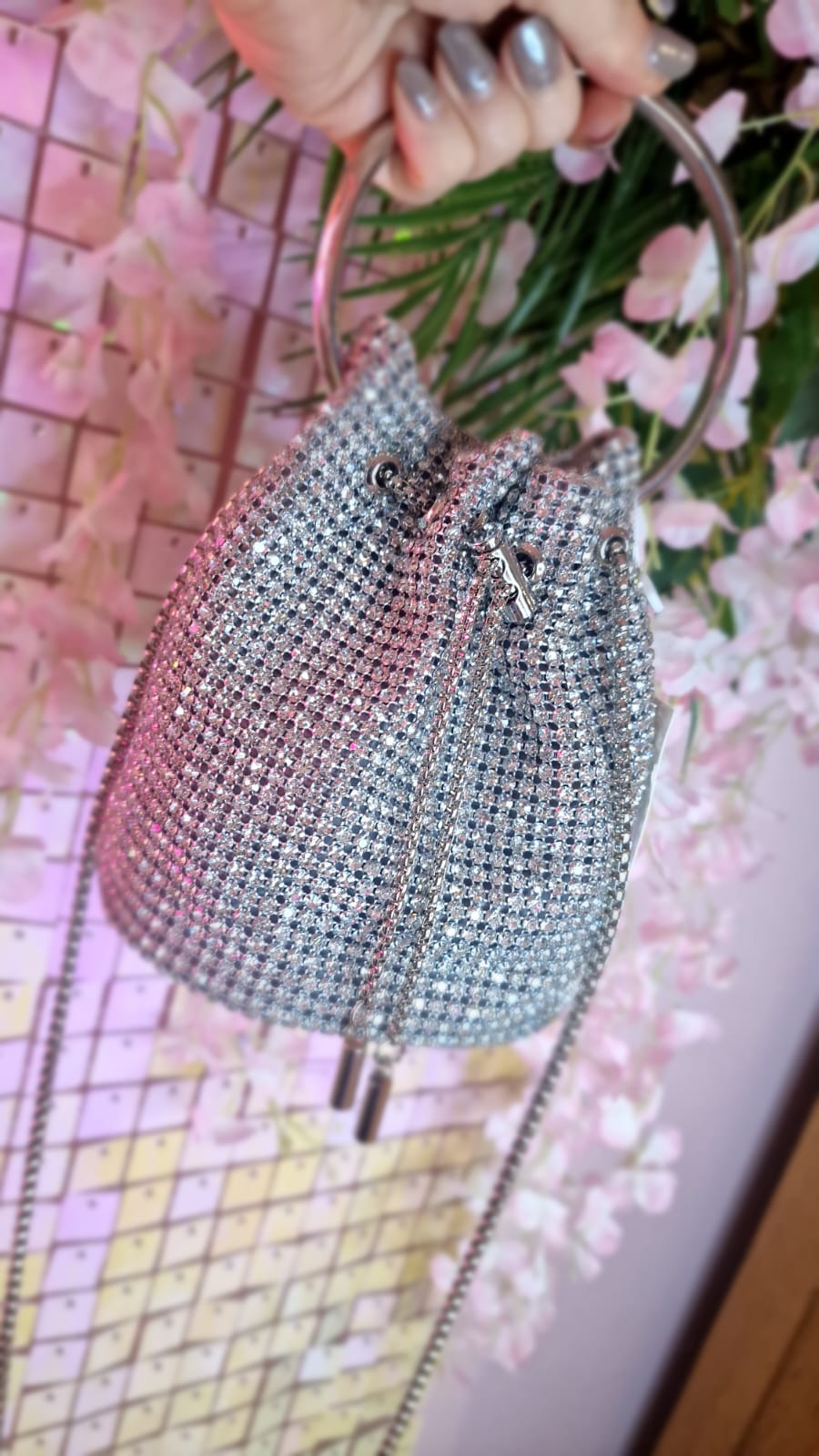 Esme Silver Diamante Mini Bucket Bag