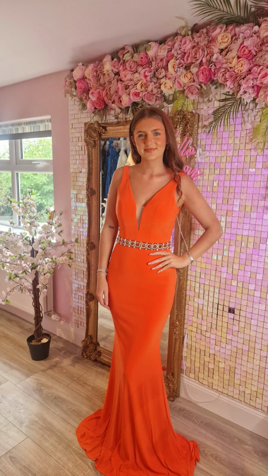 Leah Orange Diamond Belt Formal Prom Dress