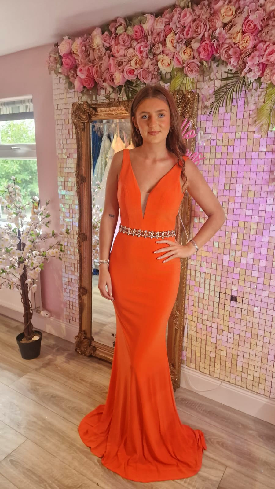 Leah Orange Diamond Belt Formal Prom Dress