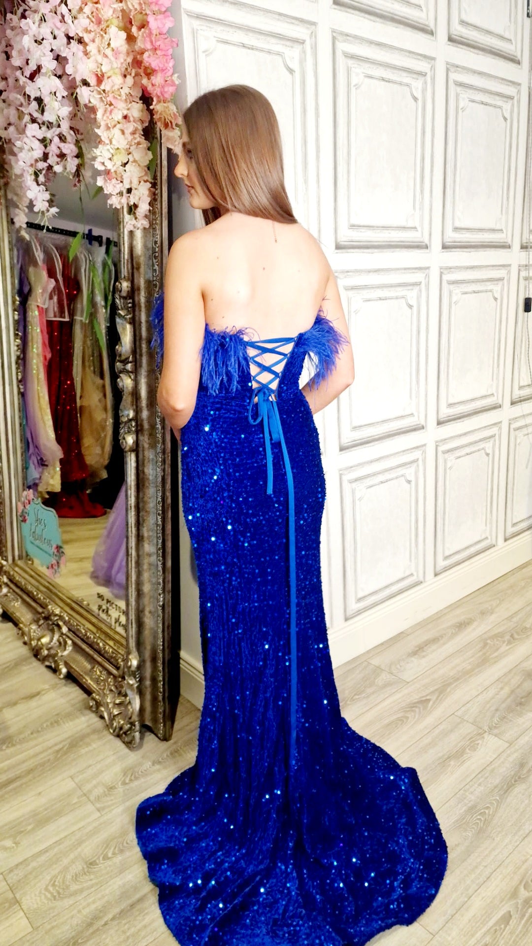 Felicity Royal Blue Feather Sequin Strapless High Leg Split Formal Prom Dress