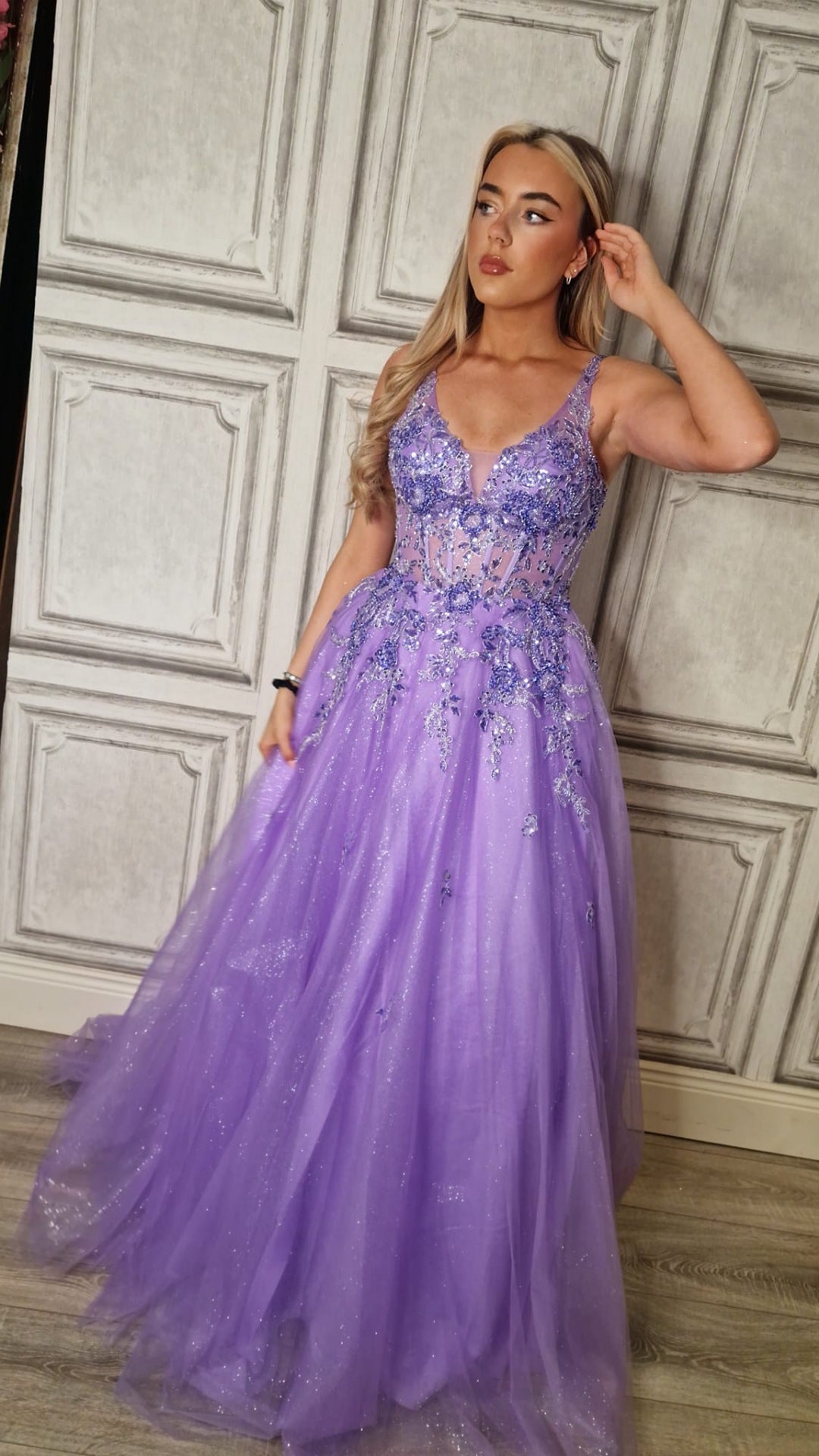 Taylor Lilac Embellished Corset Flower Detail Ball Gown Formal Prom Dress