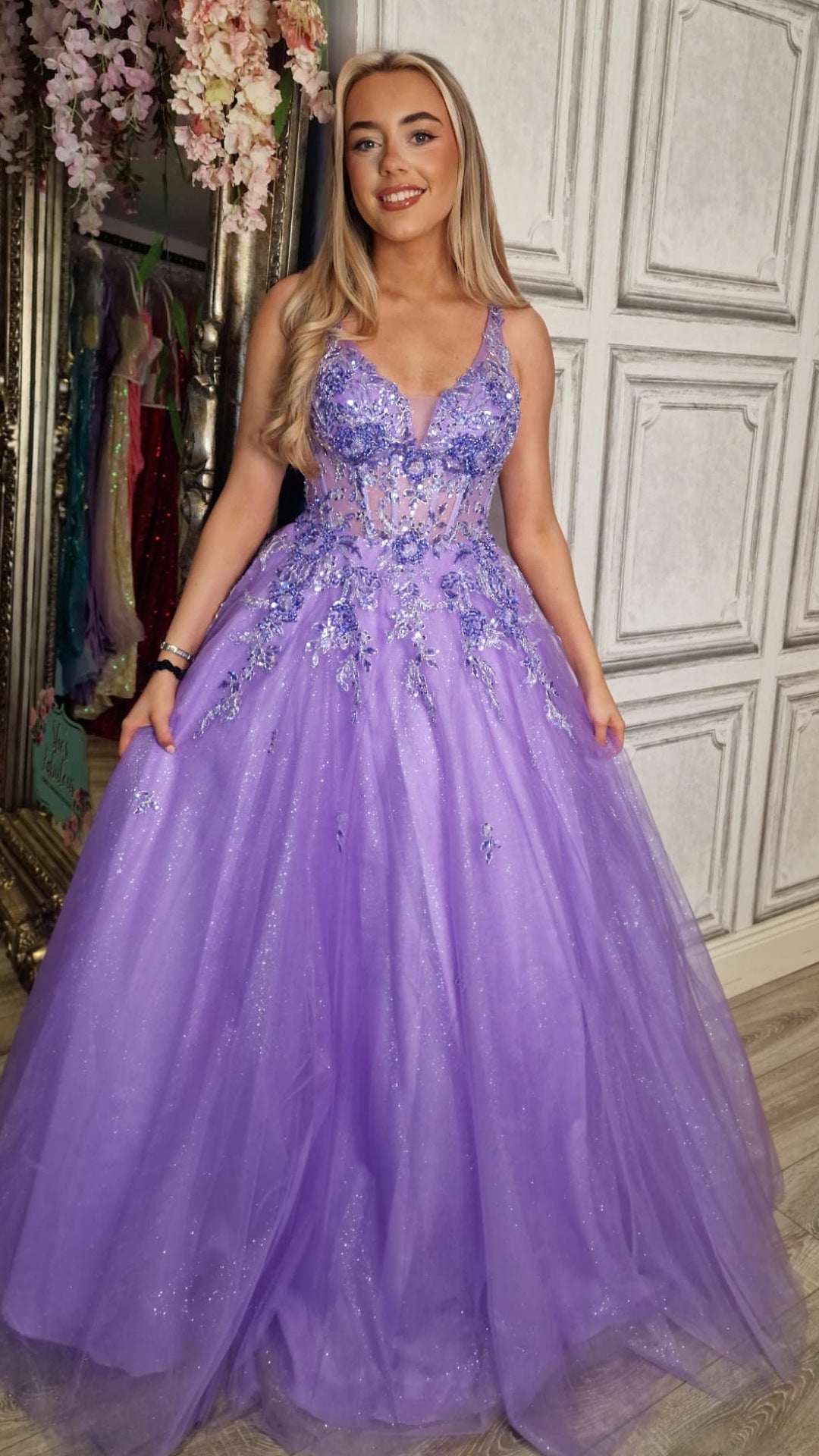 Taylor Lilac Embellished Corset Flower Detail Ball Gown Formal Prom Dress