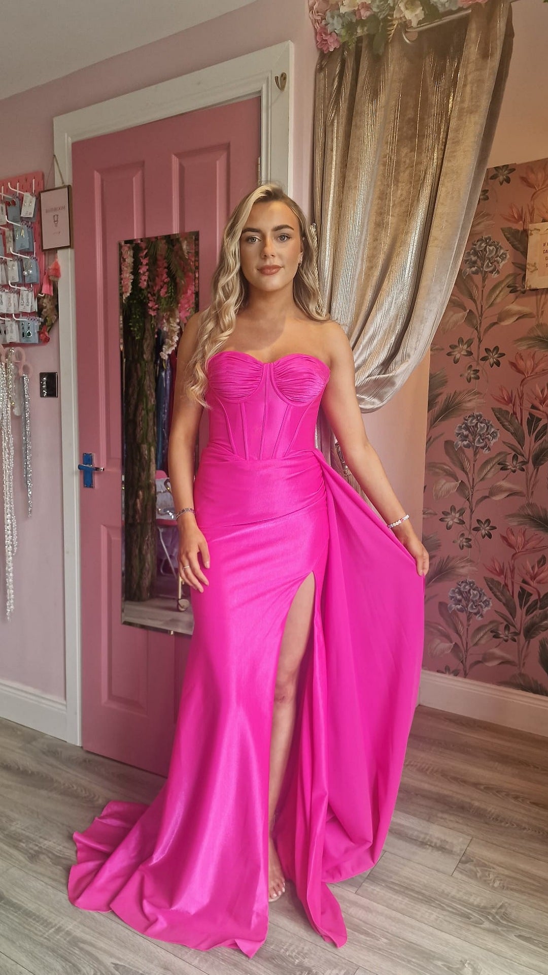 Janine Hot Pink Side Draping Train Leg Split Corset Formal Prom Dress
