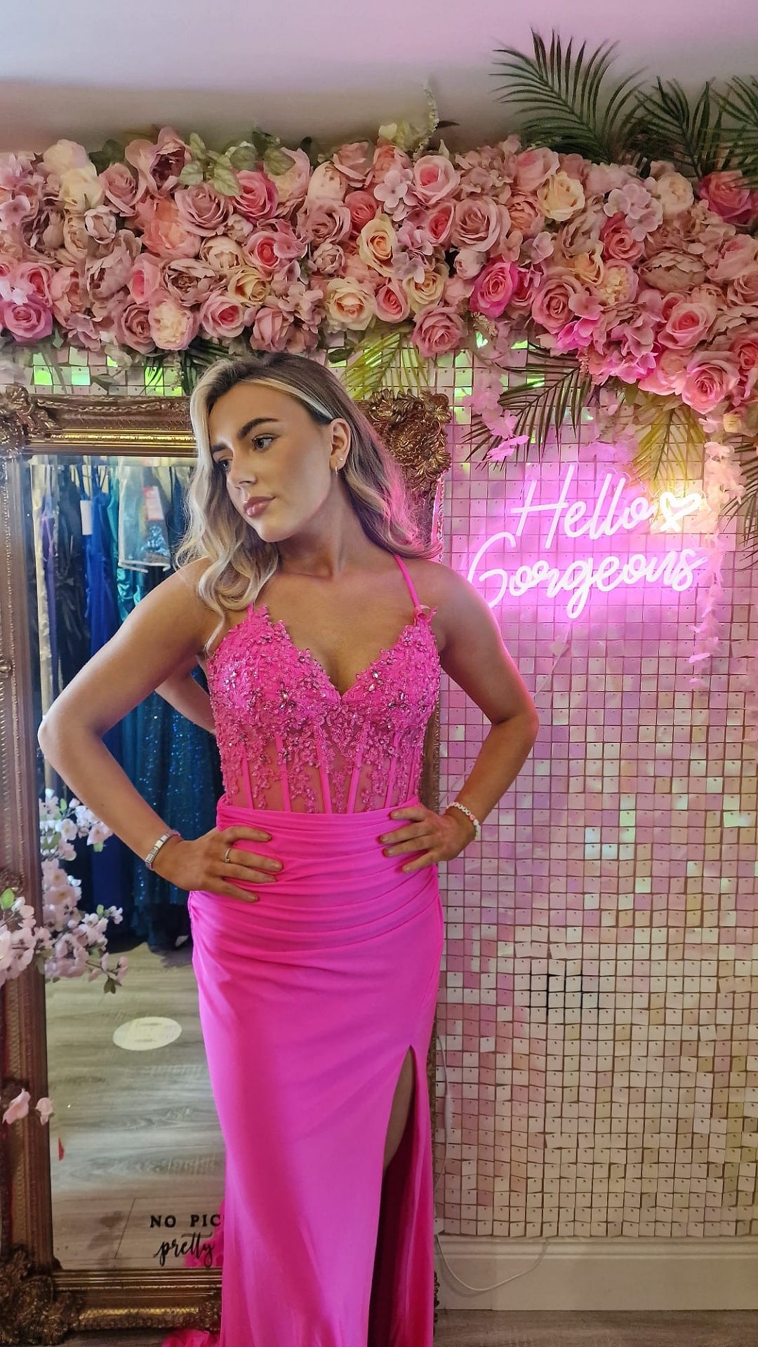 Jill Hot Pink Laced Bodice With Laced Back Leg Split Formal Prom Dress