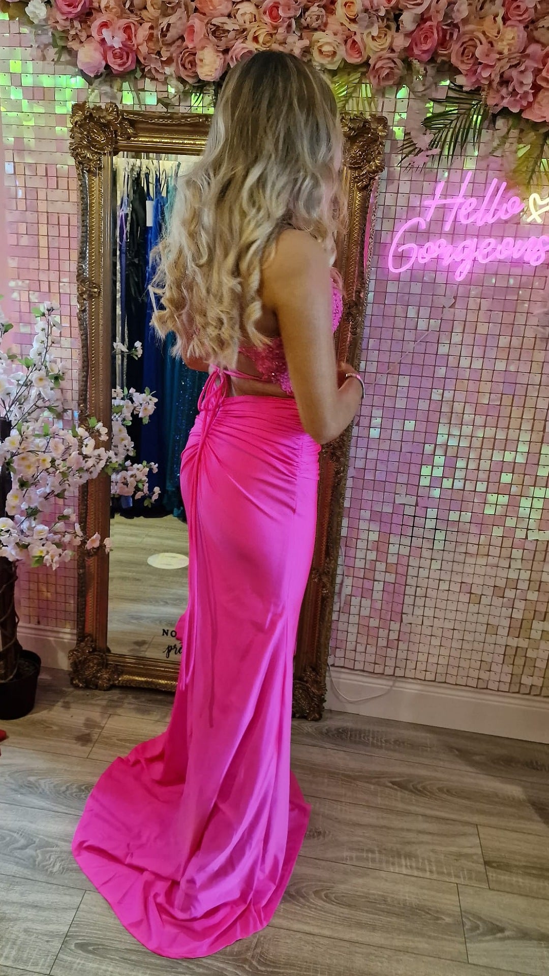 Jill Hot Pink Laced Bodice With Laced Back Leg Split Formal Prom Dress