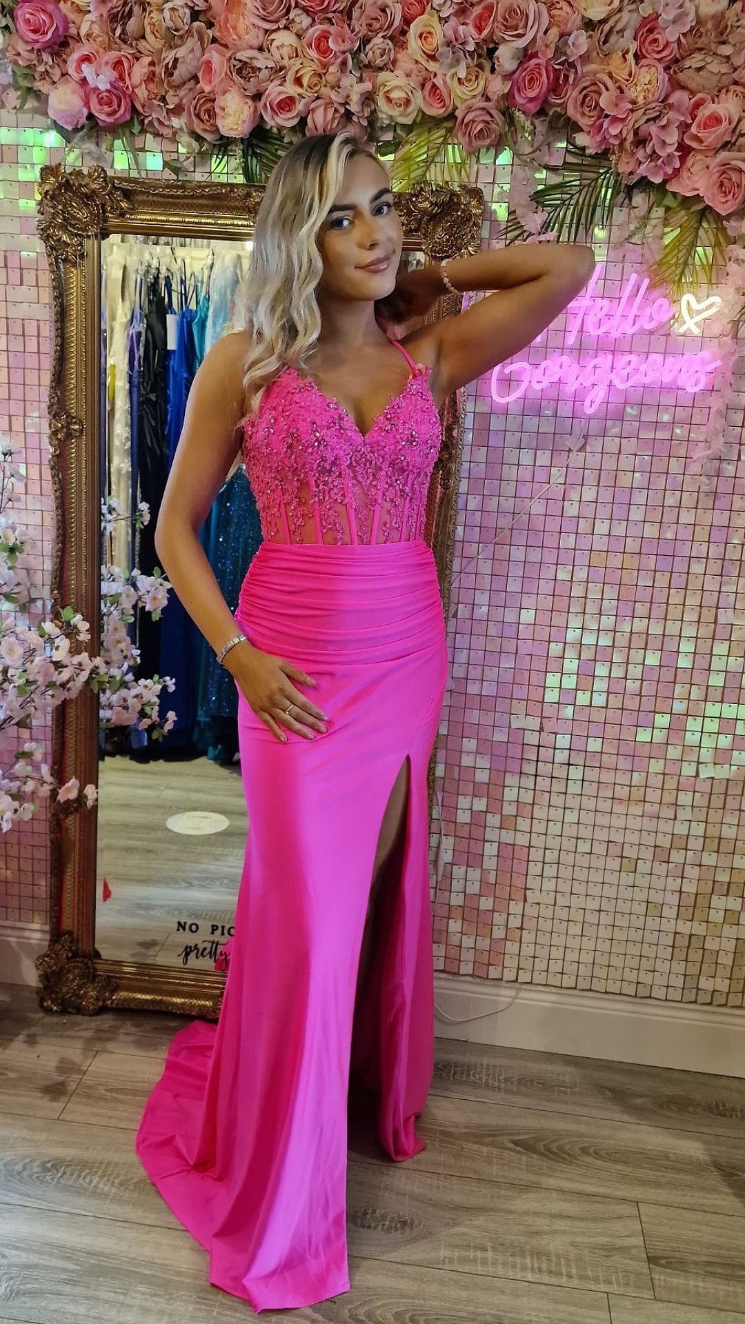 Jill Hot Pink Laced Bodice With Laced Back Leg Split Formal Prom Dress