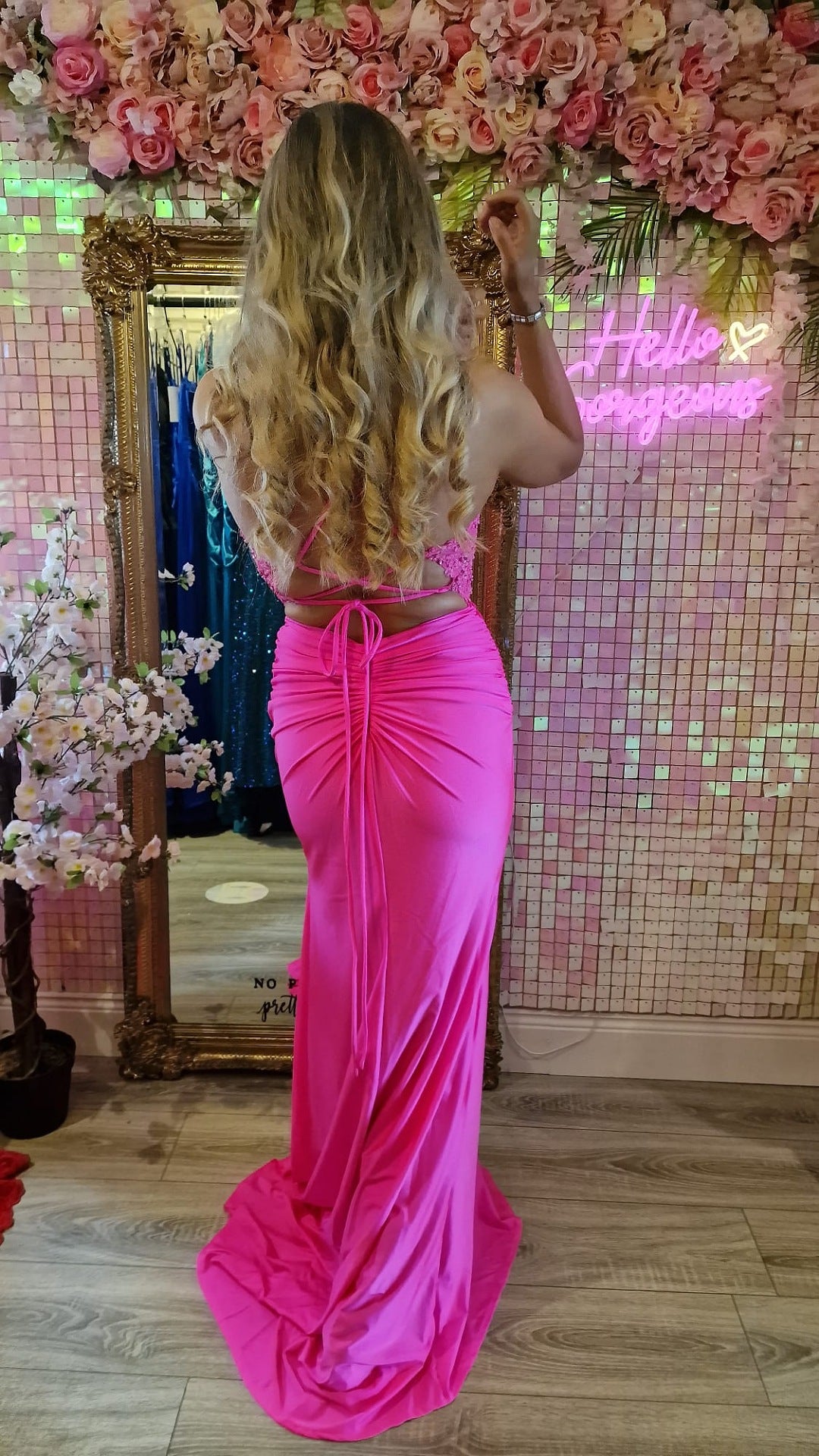 Jill Hot Pink Laced Bodice With Laced Back Leg Split Formal Prom Dress