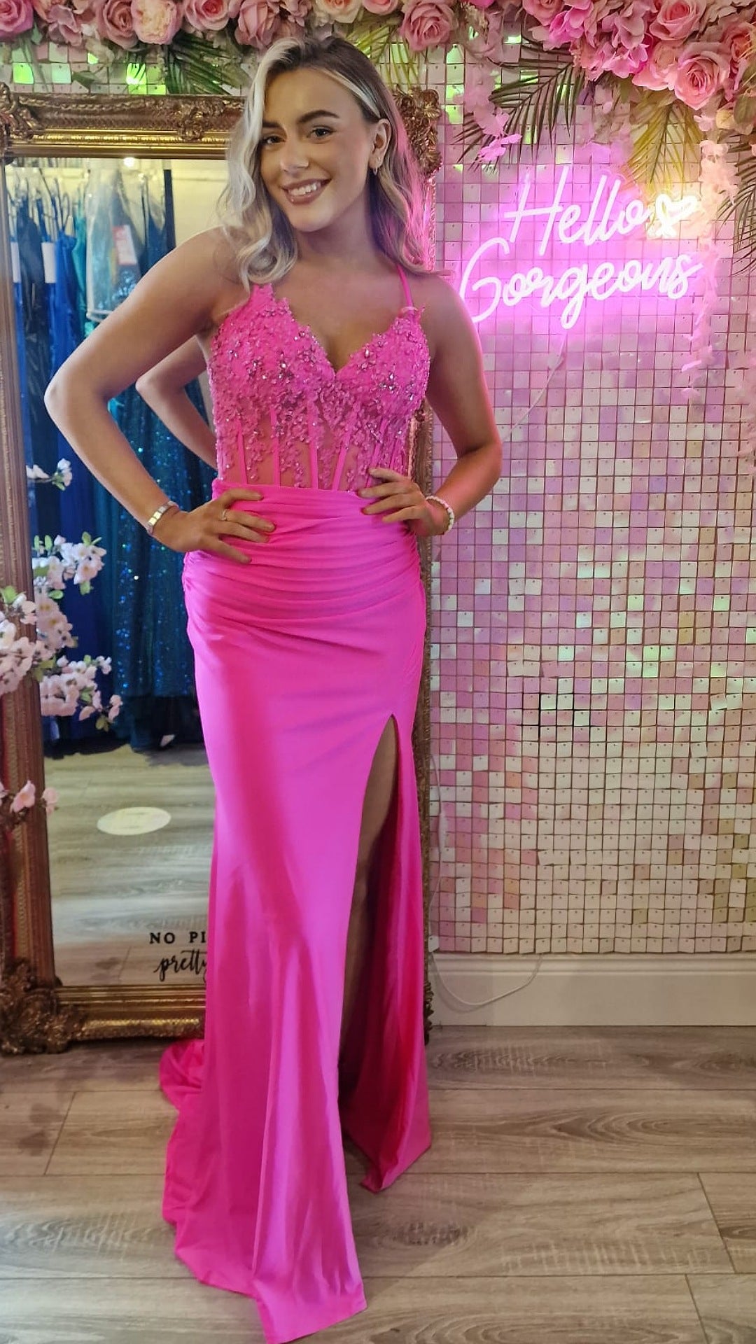 Jill Hot Pink Laced Bodice With Laced Back Leg Split Formal Prom Dress