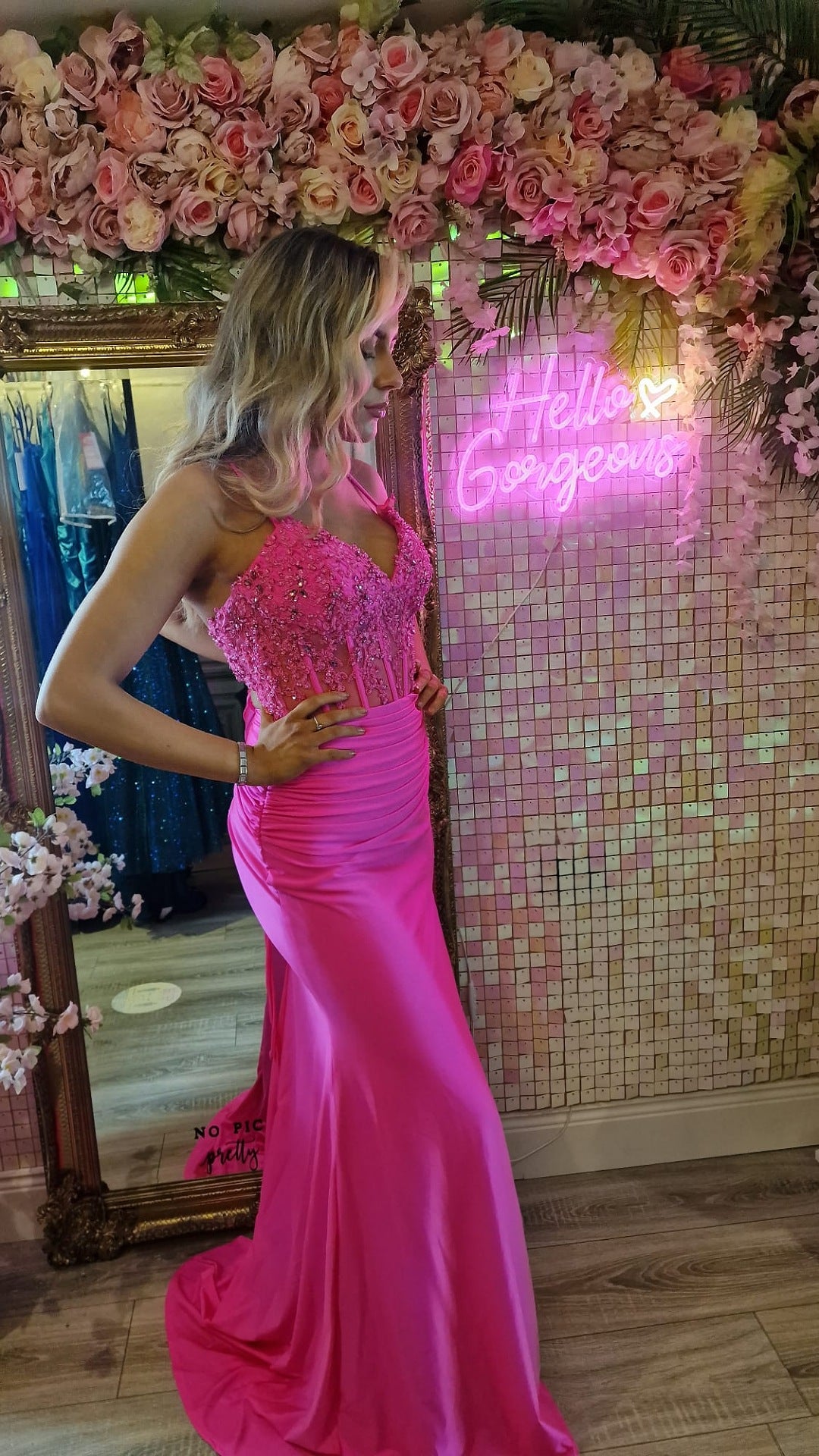 Jill Hot Pink Laced Bodice With Laced Back Leg Split Formal Prom Dress