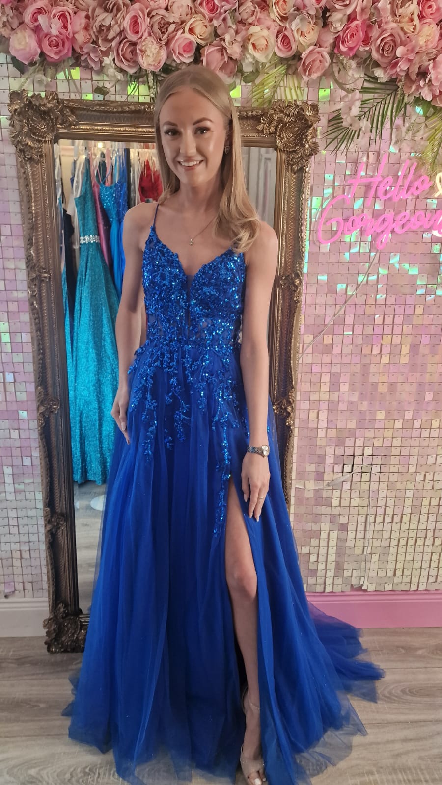 Molly Royal Blue Leg Split Mesh Insert Flower Detail Laced Back Formal Prom Dress