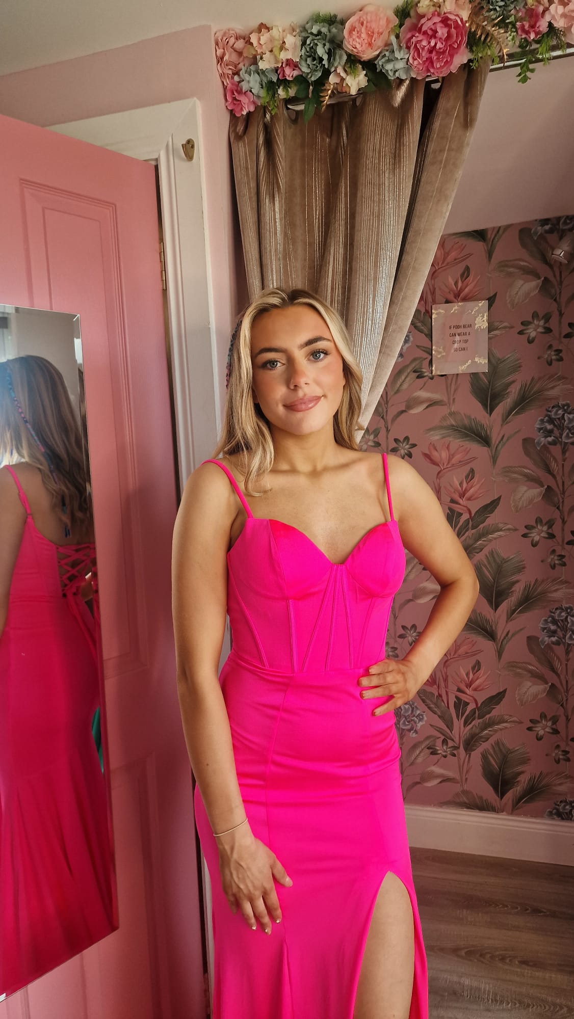 Lianna Hot Pink Side Legsplit Corset Waist Skinny Strapped Laced Back Formal Prom Dress