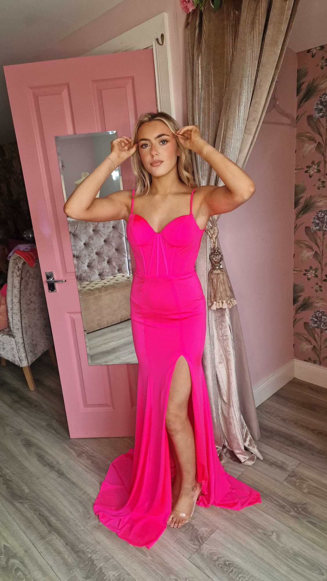 Lianna Hot Pink Side Legsplit Corset Waist Skinny Strapped Laced Back Formal Prom Dress