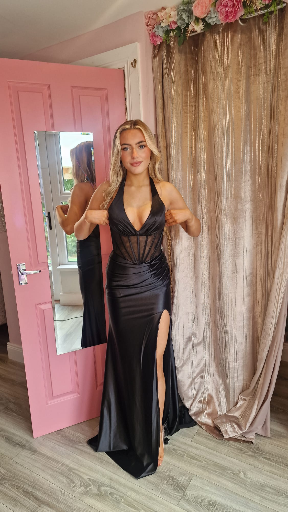 Debbie Black Thigh Split Satin Corset Halterneck Formal Prom Dress