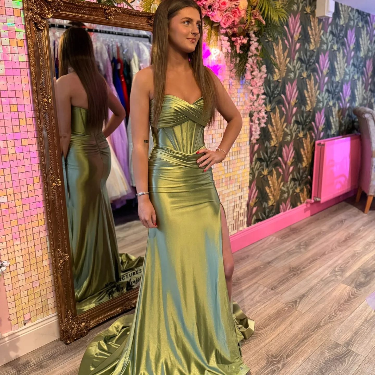 Aisha Satin Sage Green Ruched Corset Strapless Side Legsplit Formal Prom Dress