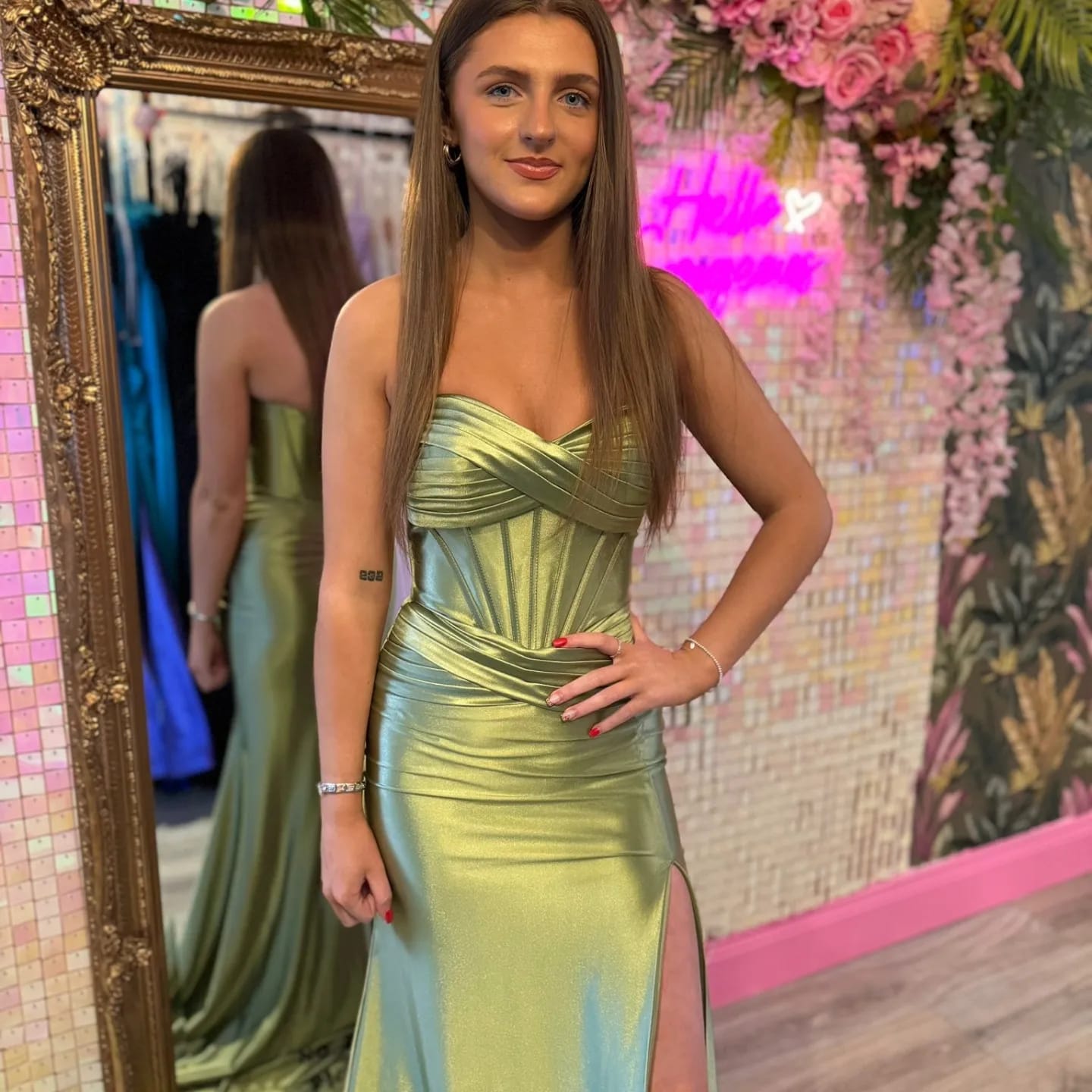 Aisha Satin Sage Green Ruched Corset Strapless Side Legsplit Formal Prom Dress