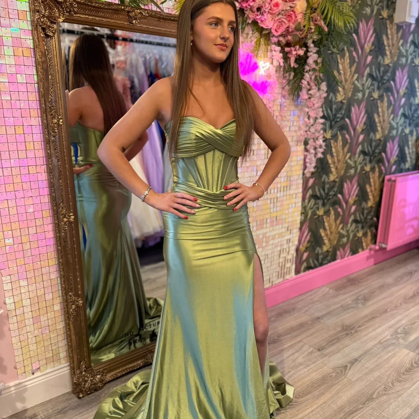 Aisha Satin Sage Green Ruched Corset Strapless Side Legsplit Formal Prom Dress