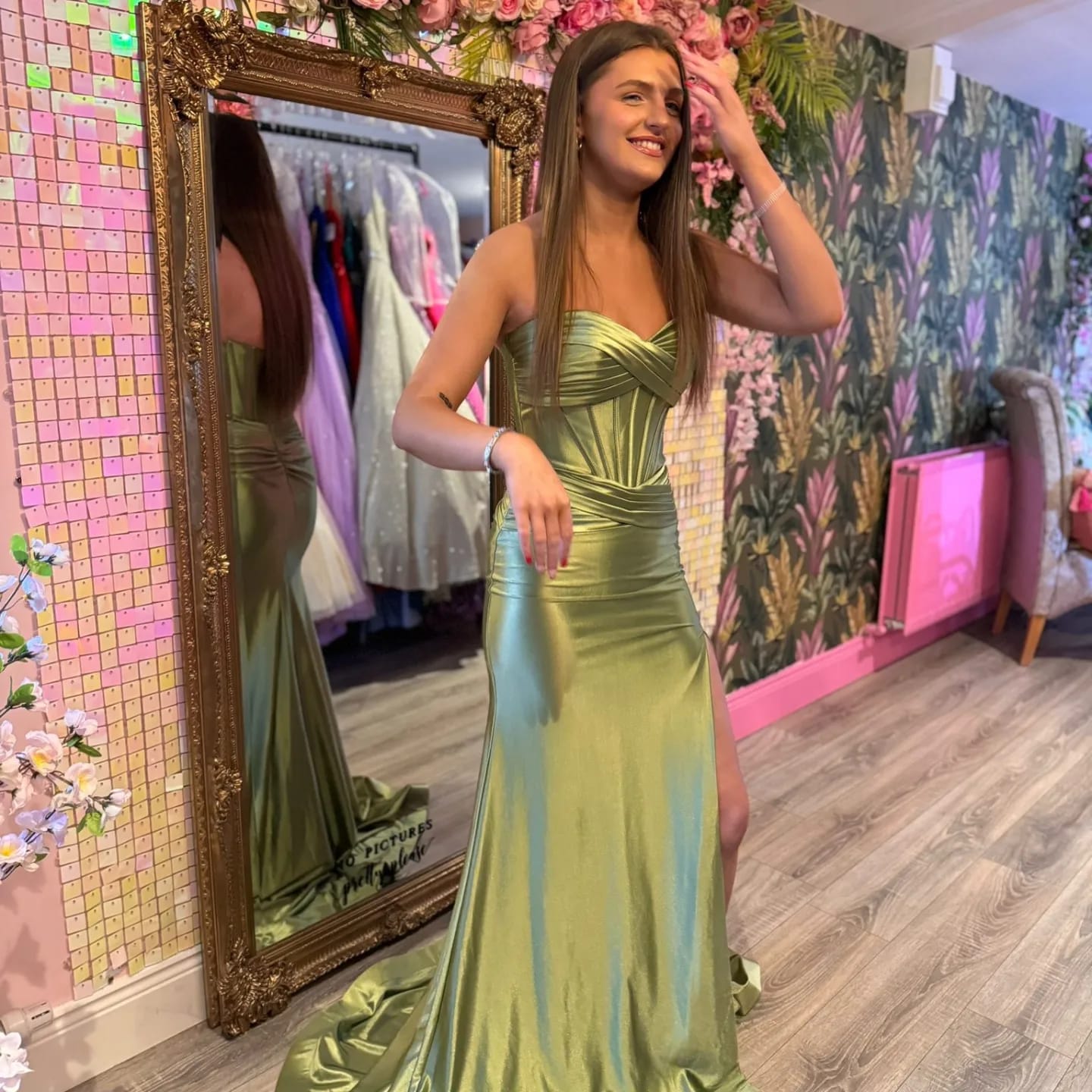 Aisha Satin Sage Green Ruched Corset Strapless Side Legsplit Formal Prom Dress