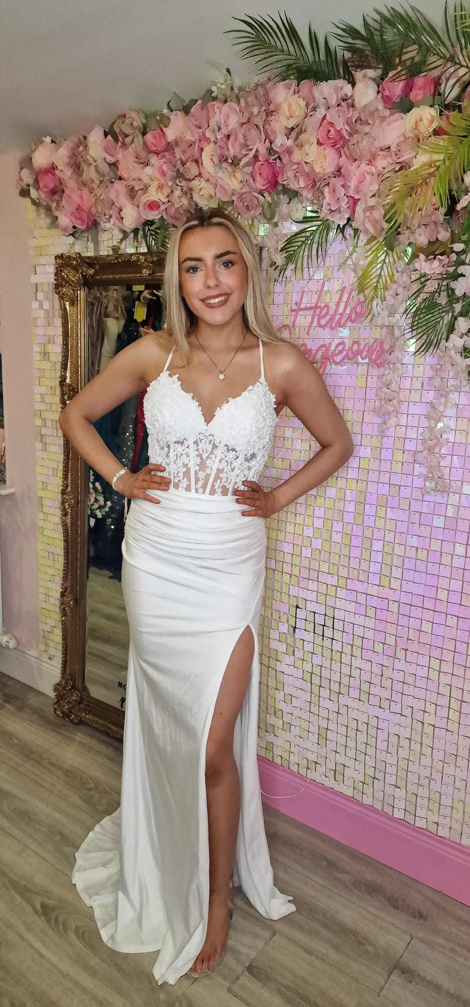 Jill White Laced Bodice With Laced Back Leg Split Formal Prom Dress