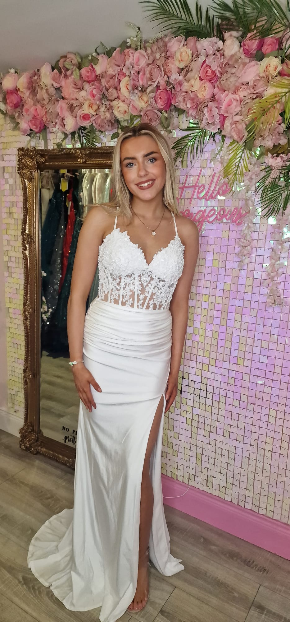 Jill White Laced Bodice With Laced Back Leg Split Formal Prom Dress